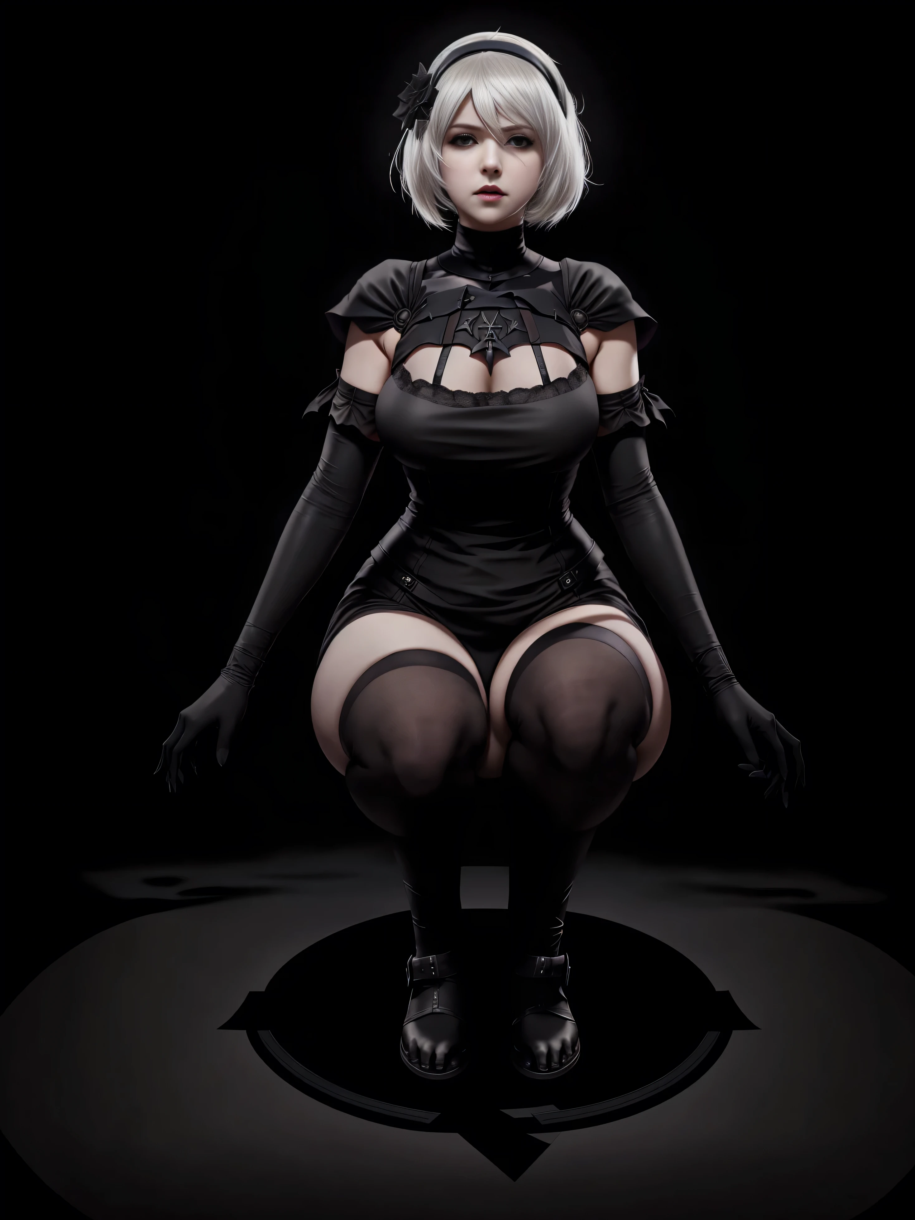 there is Nier: Automata's YoRHa No. 2 Type B squatting, white hair, alluring expression, very bold, upper visible, full body photo, standing legs apart, pale translucent glowing skin, most beautiful face, cute, ((dark plain black background:1.4))
