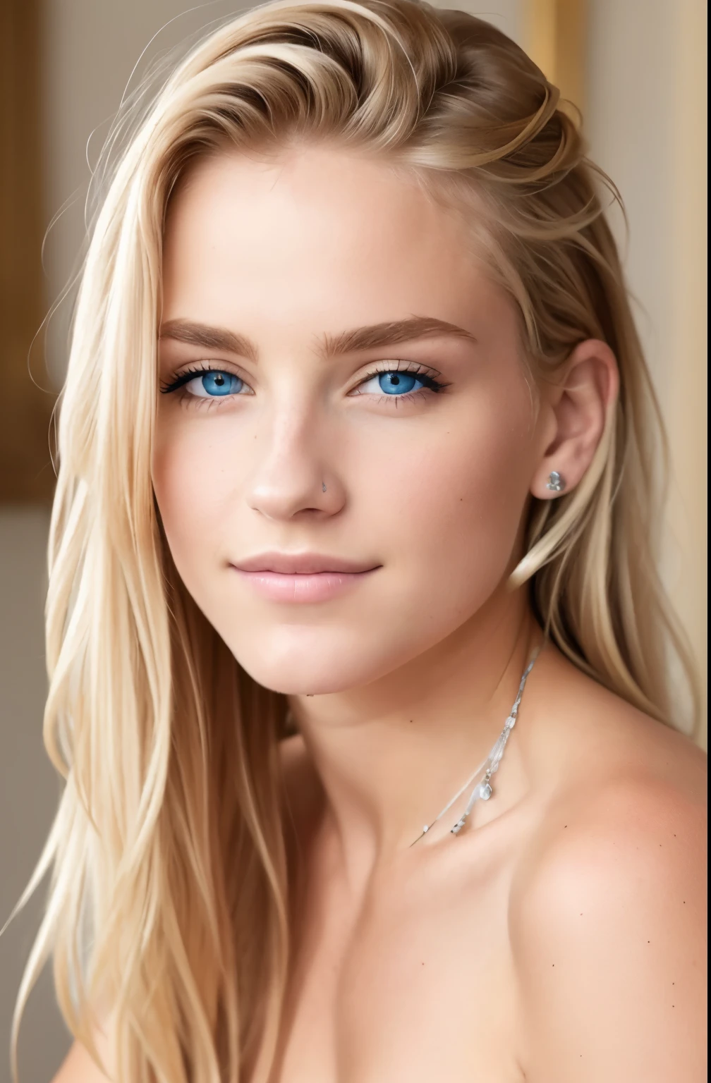 ((best quality)), ((ultra resolution)), ((photorealistic)), (intricate details), 19 ans, Cheveux blond, visage parfait, se maquiller:1.5, Light on the face, facial detail, nu, cheveux courts,