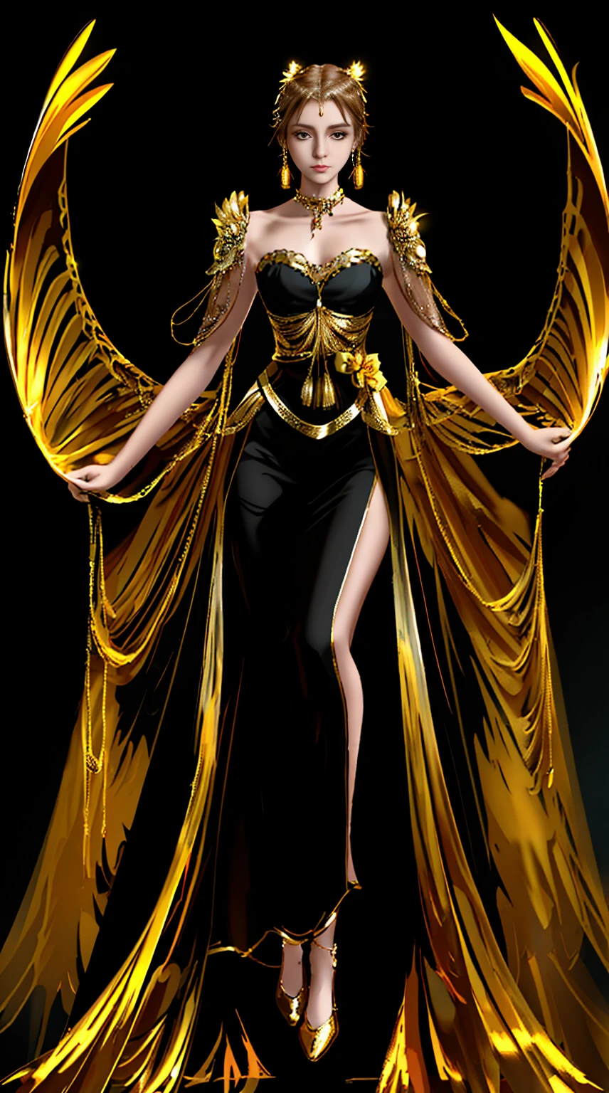 (((full body shot))) 8K，Beautiful portrait with bright brown hair，Extremely beautiful，Perfect look，iintricate，ellegance，Highly meticulous，A majestic，Digital photography，Atkin and Nguyen Jia, and artistic surrealist paintings by Greg Rutkowski, Gold-plated phoenix gold thread edge，Gold-plated tulle ribbon，（Gilded decorations on clothes occupy most of the area，Gold combined with tulle），There are few garment fabrics，The clothes exposed most of the body，metallic  luster，（tmasterpiece，Sideslit，exquisite and beautiful eyes：1.2 ), Human Development Report,Gold tulle tights，Exposes the skin around the waist，Waist exposed，Chest penetration，Exposing the skin of the chest，Shoulders exposed，The expression is serious，