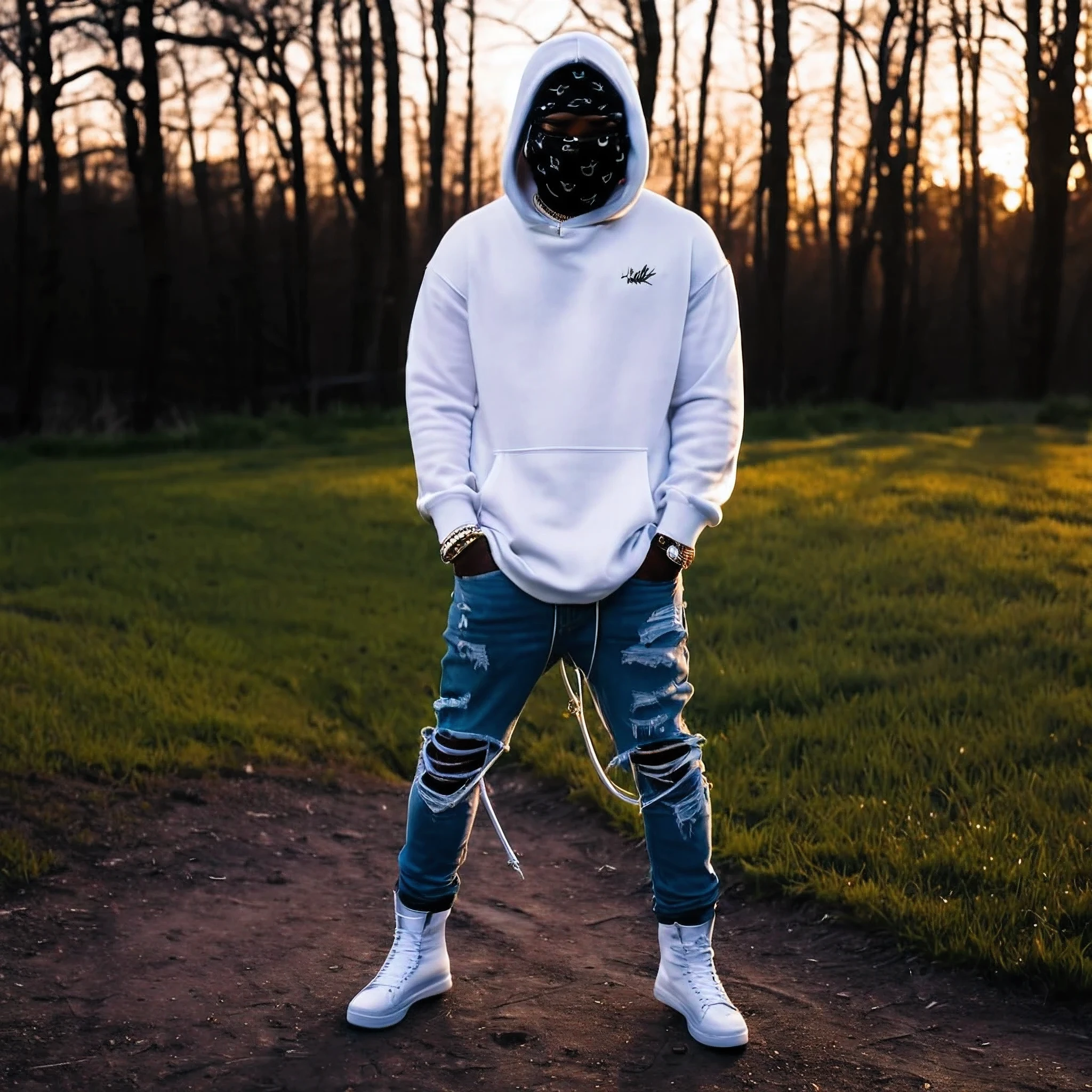 African american rapper, trapstar wearing a balaclava, wearing oversized white hoody with jimi hendrix face in it, ski mask, ultra realism full body, shit on iphone 7 plus, out doors golden hour, he is wearing ripped jeans with spikes amd chains, fashionista, hip hop culture, fully masked