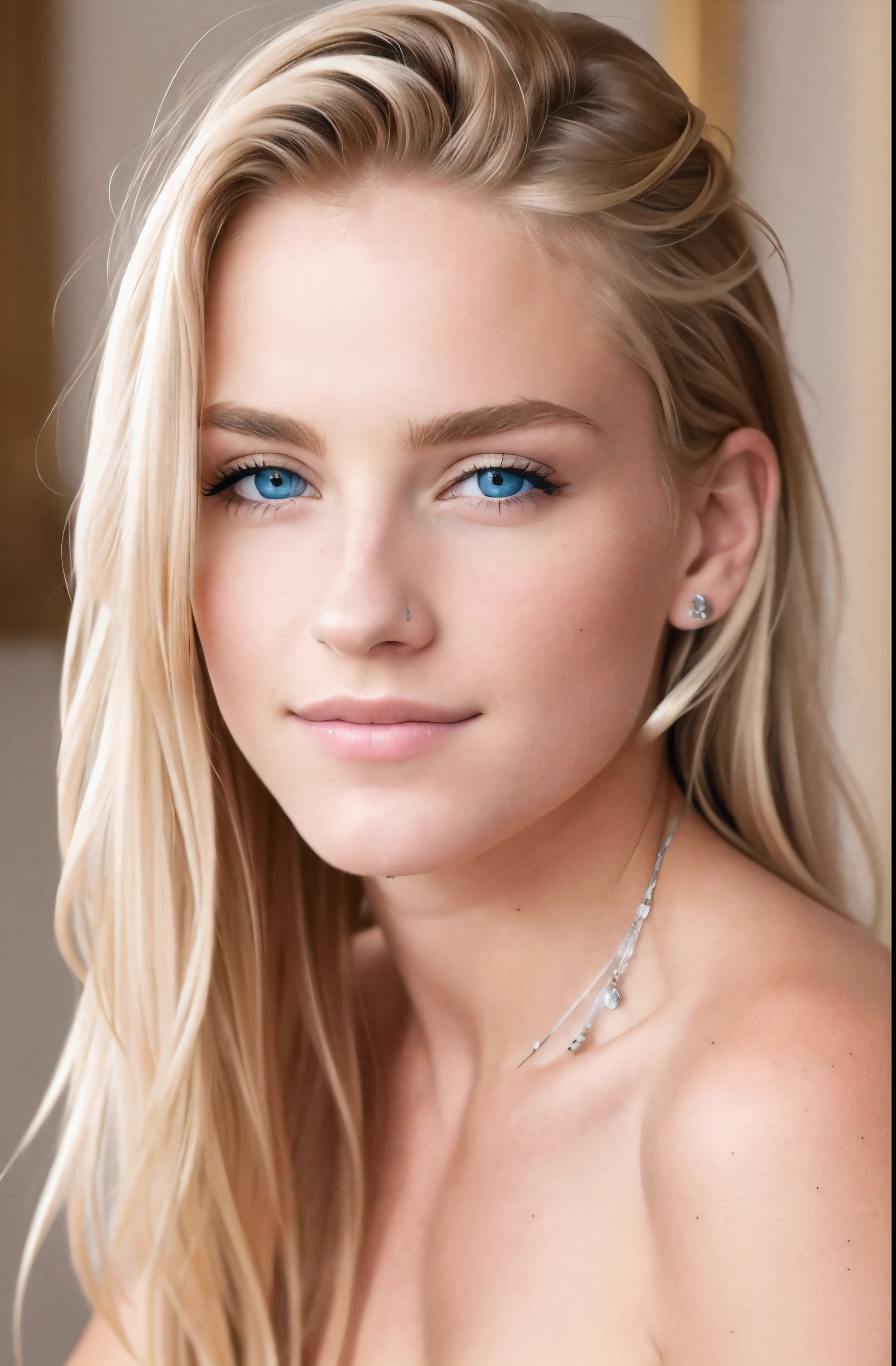 ((best quality)), ((ultra resolution)), ((photorealistic)), (intricate details), 19 ans, Cheveux blond, visage parfait, se maquiller:1.5, Light on the face, facial detail, nu, cheveux courts,