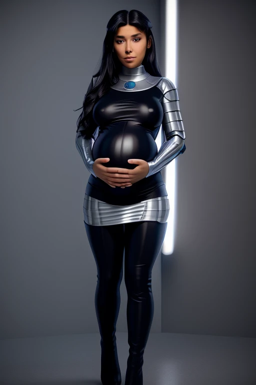 sparkling lights, intense gaze, ethereal beauty, flowing hair, confident posture.(masterpiece, best quality:1.2), blackfire, 1girl,pregnant solo, breasts, pants, bodysuit, skirt, armor, thigh boots, long sleeves, dark skin, white background, simple background,
