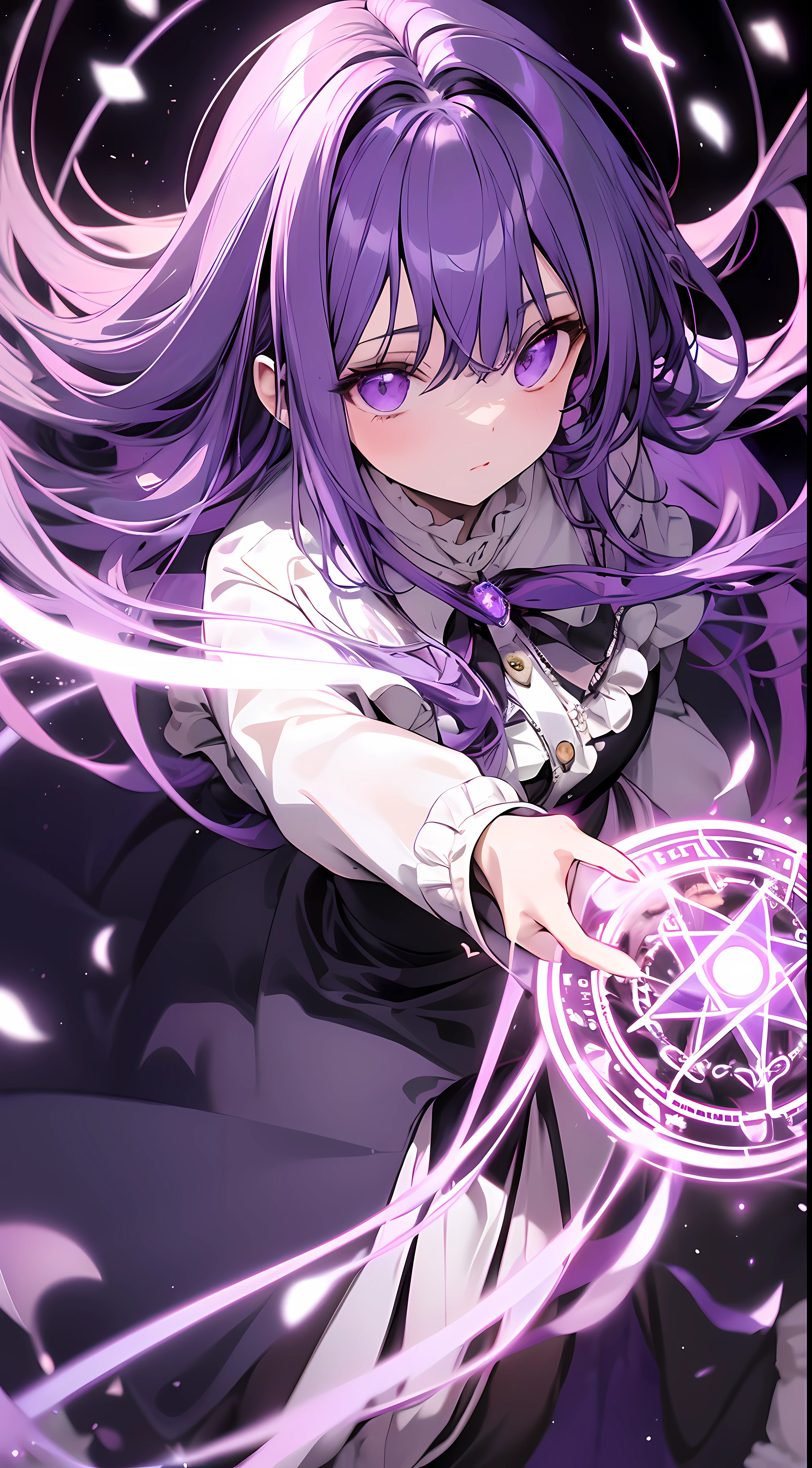 absurderes,Tischplatte, best quality, wahnsinnig detailliert, 1 Absolutely beautiful girl,Lila glattes Haar,lila Augen,blasse Haut,White blouse with ruffles,schwarzer langer Mantel,(Ein magischer Kreis, der violett auf dem Boden leuchtet:1.2),Bunter magischer Kreishintergrund,Von oben,filmische Beleuchtung,Filmische Winkel,hyperrealistisch, perfekte Anatomie, Perfect five fingers