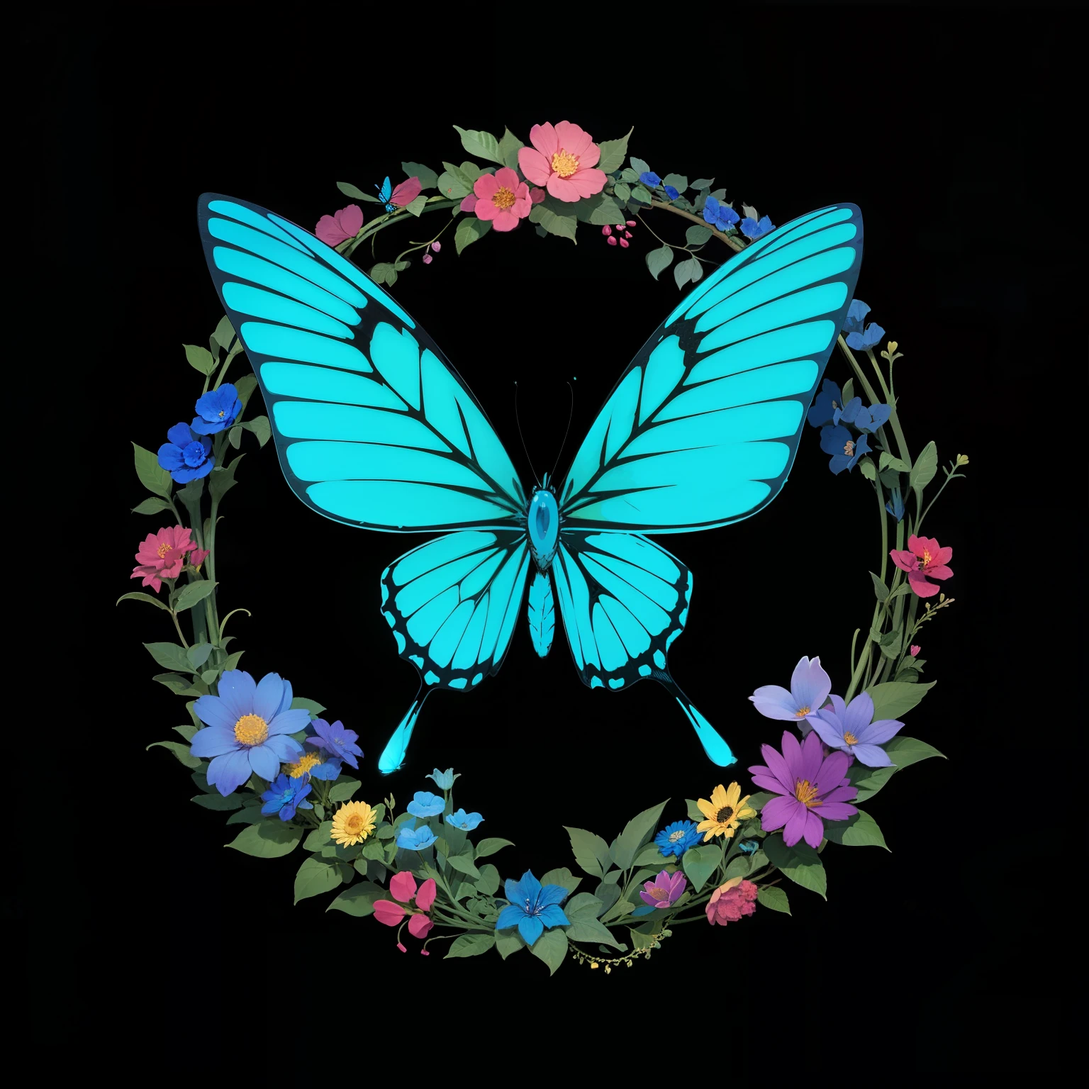 masterpiece, best quality, blue butterfly, flowers, flat color, lineart, abstract, ornate, black theme