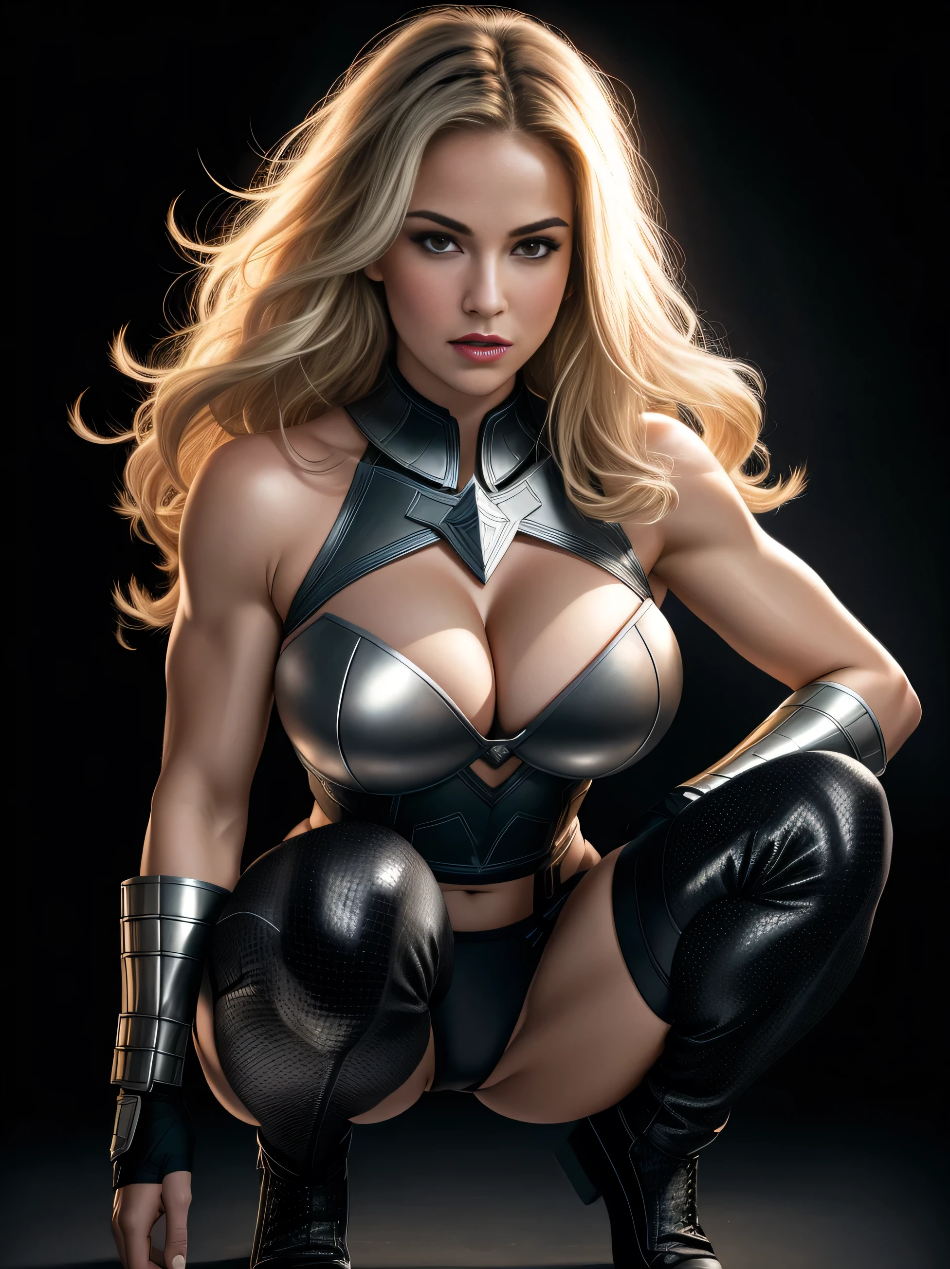 BOMBSHELL VALKYRIE, MATURE WOMAN, 30 YEARS OLD, ATHLETIC BODY, MUSCLES, BLONDE HAIR, GRAY EYES, ROSY CHEEKS, ANGRY FACE EXPRESSION, BLACK PANTIES UNDER ARMOUR, FULL BODY SILVER ARMOUR, SHINING ARMOUR, MITHOLOGY, random hair, looking at camera, gigantic breasts, cleavage, (high detailed skin:1.2), 8k uhd, dslr, super lighting, high quality, film grain, high res, highly detailed, hyper realistic, beautiful face, beautiful body, beautiful eyes nose lips, alluring expression, very bold, upper  visible, full body photo, squatting, pale translucent glowing skin, most beautiful face, cute, (well defined pubic hair:1.2)), (dark plain black background:1.4))