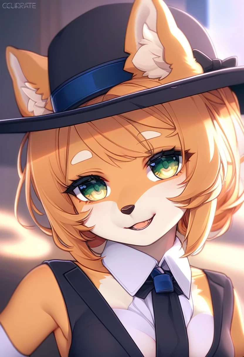 masutepiece, ccurate, Textured, Anatomically correct, Super Detail, high details, High quality, hight resolution, Best Quality, awardwinning, 4K, 8K, 1 Shiba Inu girl, solo, kawaii, kemono, cute  clothes, tuxedo, hat, Seductive smile, tuxedo, hat, Modern, Cinematic lighting, illustration, signatuer pose,