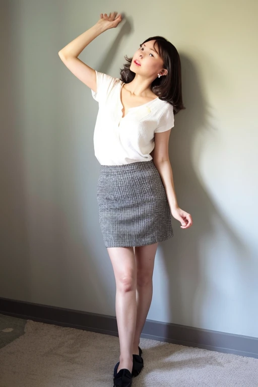 ((highest quality)), Mature Woman,Looking up,mini skirt,front
