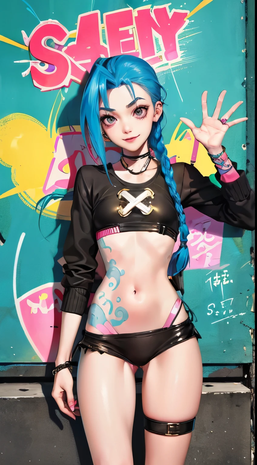 Jinx,Fleshy thighs，Poster publicity style，Ingram,Pose，pantie ，Simetall，Street graffiti，Happy expression , insanity