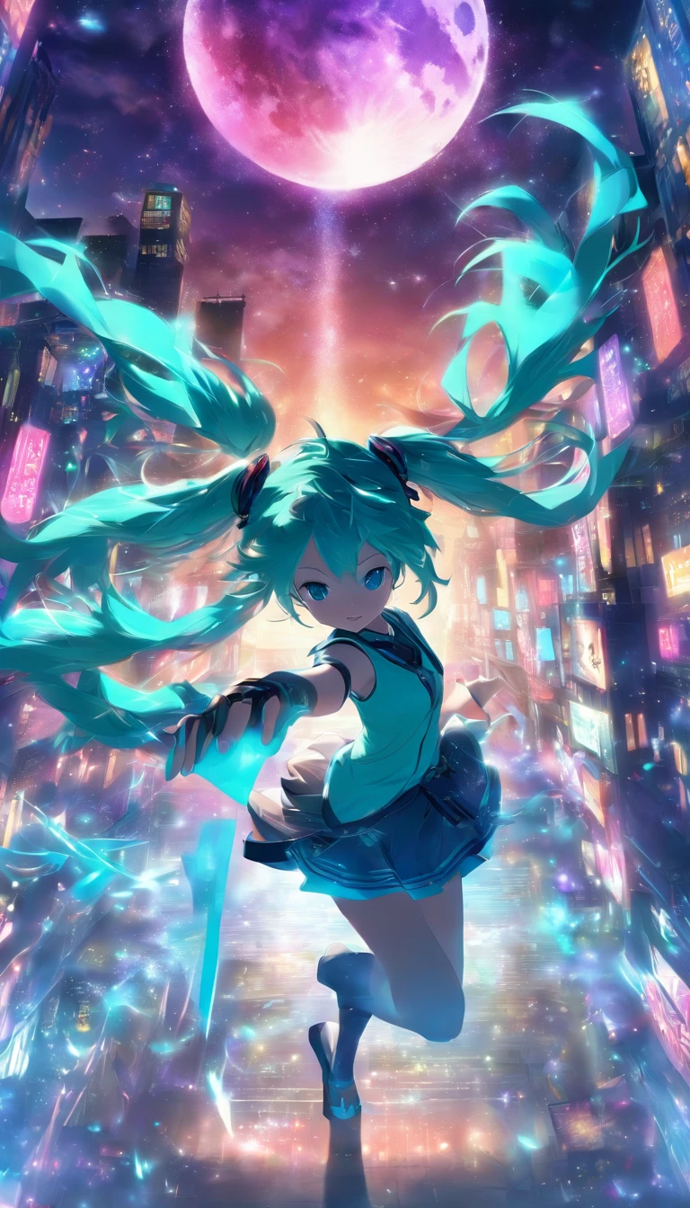 Hatsune Miku、Twilight、sing、Best Quality、Best image quality、Ancient City、dance、full moon