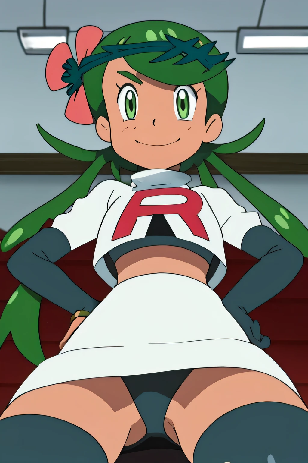 masterpiece,best quality,high res,high quality,8k, masterpiece,highres, team rocket uniform, red letter r, white skirt,white crop top,black thigh-high boots, black elbow gloves, evil smile, looking down at viewer, hands on hips, cowboy shot, zettai ryouiki,spread legs,from below, black panties,anime style, vivid colors, sharp focus, intense lighting,defMallow, dark skin, hair flower, hair ornament,twintails, green hair