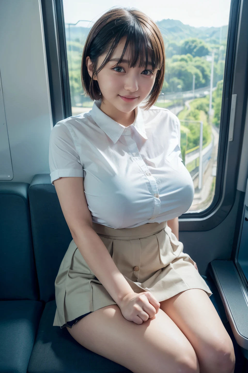 highest quality, masterpiece, Ultra-high resolution, (Reality: 1.4), Original photo, One girl, japanese girl, 15yo, mature, White JK Uniform, micro skirt, happy smile, short hair,  gigantic bust, curvy body, button gap:1.35, sitting on seat in train, open legs, skirt lift, Cinema Lighting, Landscape sheet, The view from the train window, from above