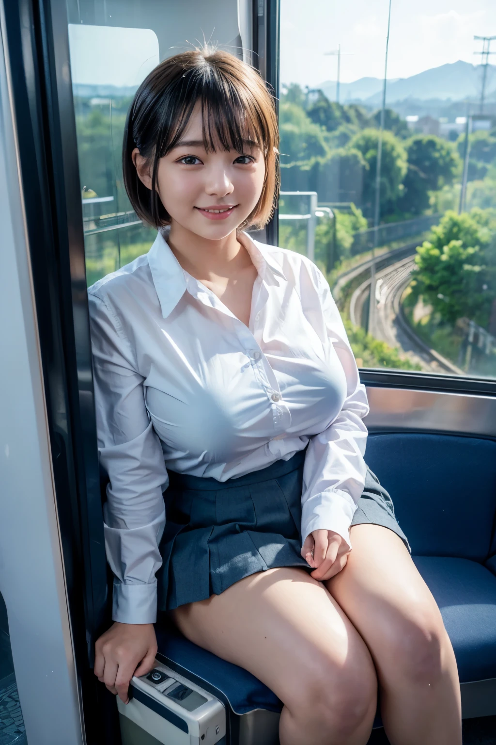 highest quality, masterpiece, Ultra-high resolution, (Reality: 1.4), Original photo, One girl, japanese girl, , mature, White JK Uniform, micro skirt, happy smile, short hair, gigantic bust, curvy body, button gap:1.35, sitting on seat in train, open legs, skirt lift, Cinema Lighting, Landscape sheet, The view from the train window, from above