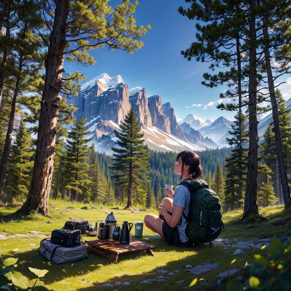 (best quality,4k,8k,highres,masterpiece:1.2),ultra-detailed,(realistic,photorealistic,photo-realistic:1.37),a person camping in the mountains,outdoor adventure,nature scenery,hiking expedition,serene atmosphere,campfire,beautiful starry night,tents amidst trees,panoramic view of the mountains,sunrise over the peaks,warm campfire glow,crisp fresh air,peaceful solitude,freshly brewed coffee,backpackers' gear,hiking boots and backpacks,natural sunlight filtering through trees,majestic pine trees in the background,clear mountain stream,soft breeze rustling leaves,tranquil nature sounds,adventure seekers,serene escape from city life,distant sound of wildlife echoing in the wilderness,campfire smoke rising into the sky