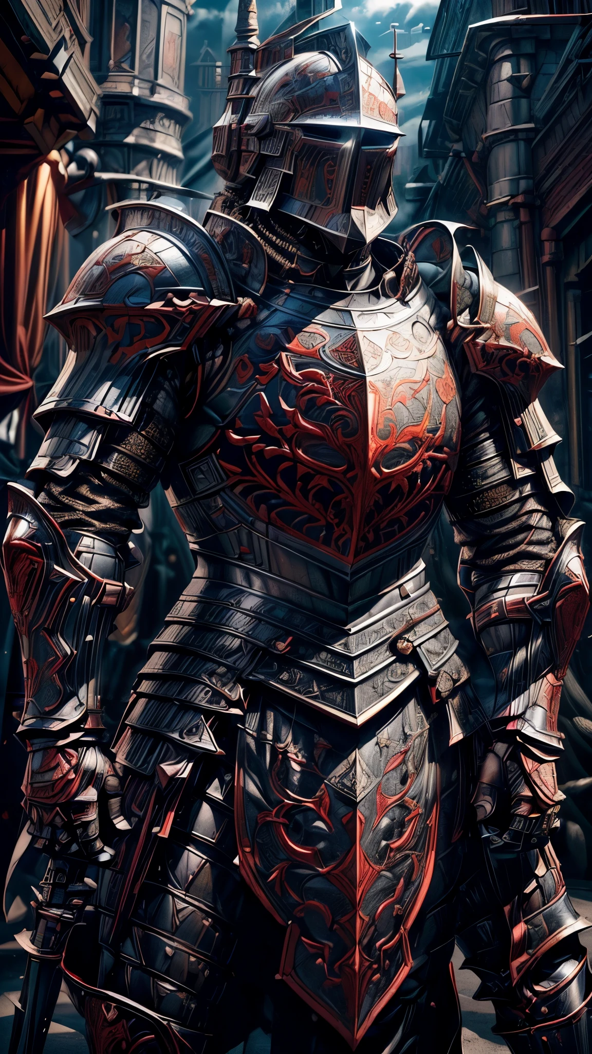 (armed knight,cyberpunk,robot,red and white LED lights,triangular and radiating future-proof helmet, muscular man,face forward,black background) (best quality,4k,8k,highres,masterpiece:1.2),ultra-detailed,(realistic,photorealistic,photo-realistic:1.37),HDR,UHD,studio lighting,psychological thriller.