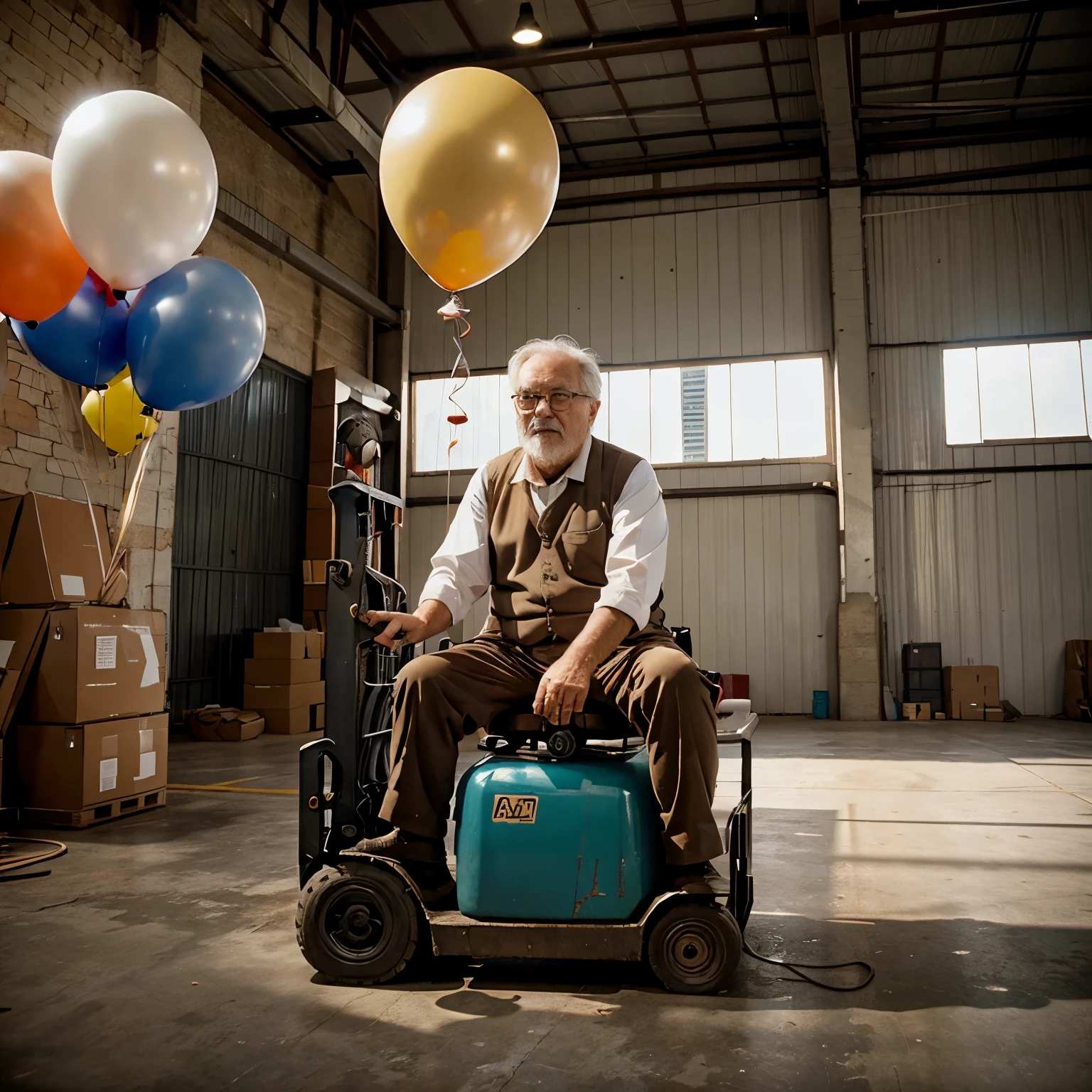 Old man from UP high adventures on a forklift still with balloons on top 