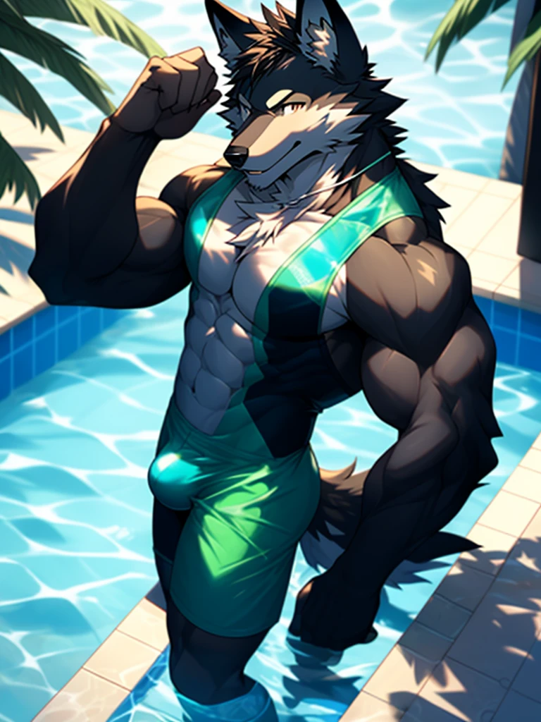 thigh high, Femboy, Flat chest, Bulge, The bulge in the crotch of a manly swimsuit, uploaded to e621, zackary911, Men's A manly swimsuit that looks like a string with -like fabric area, Shiny Metallic Black Men's Bikini Pantyng Swimsuit, men's swimming competition, solo, male, topless, strong, Beautiful dark gray coat-colored fur, wolf, Wolf Man, wolf ears, messy hair, Swimming muscle body trained by swimming, standing, outdoor pool, Cool and cute boy, furry, anime art style, Looks cool in a Stylish body that can wear men's swimsuits with a small fabric area like strings,