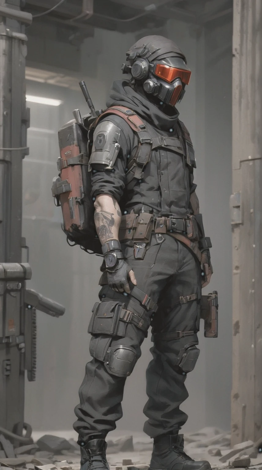 Male sci-fi soldier, post apocalytpic. Weathered clothing: sci-fi black helmet, red visor, brown duster coat, black tactical vest, black pants, tactical gear, faceless, hidden face