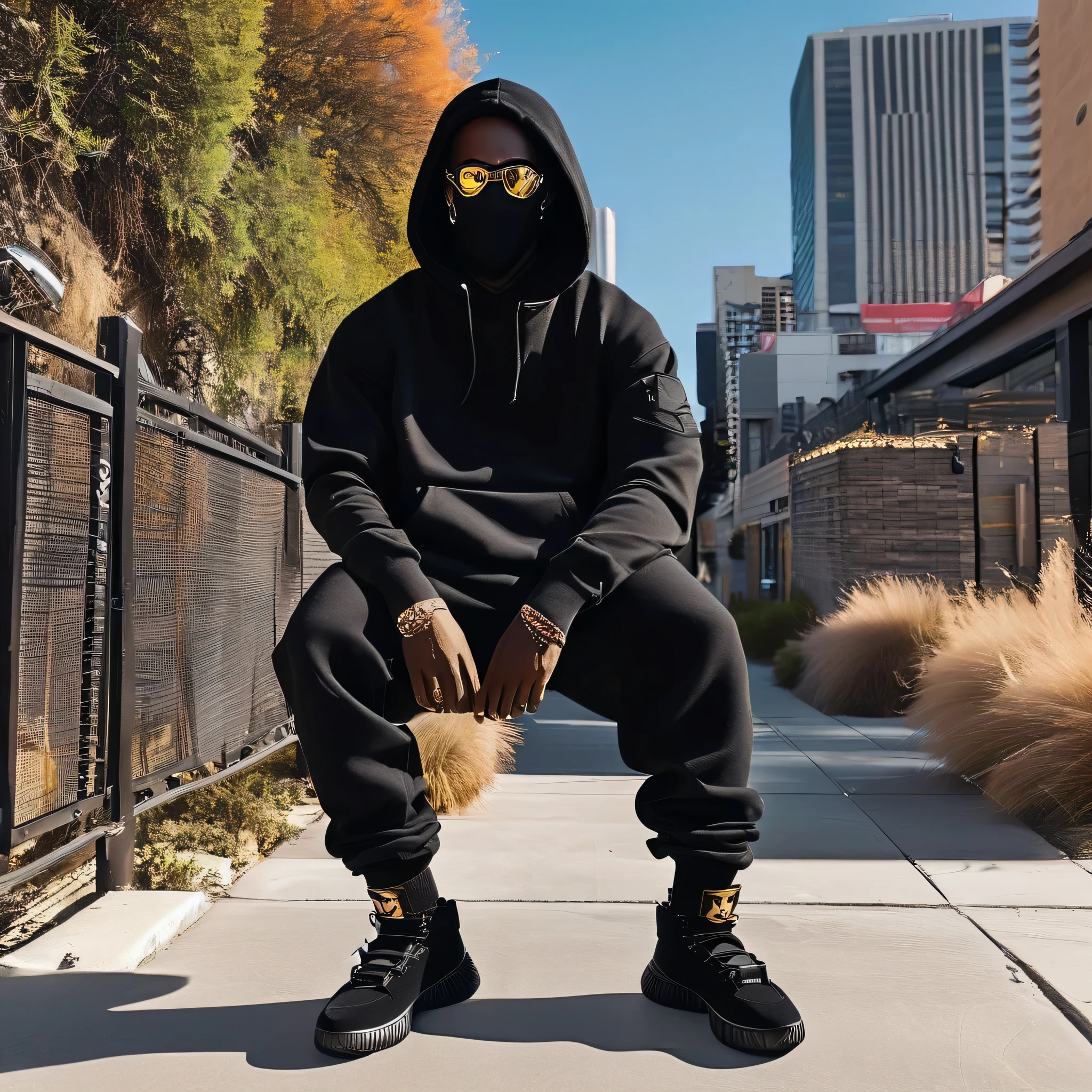 African american rapper, trapstar wearing a balaclava, wearing oversized black hoody with jimi hendrix face in it, ski mask, ultra realism full body, shit on iphone 7 plus, out doors golden hour, he is wearing black cargo swaetpants, urban street culture and fashion, fully masked, wearing yeezy slippers and socks on
