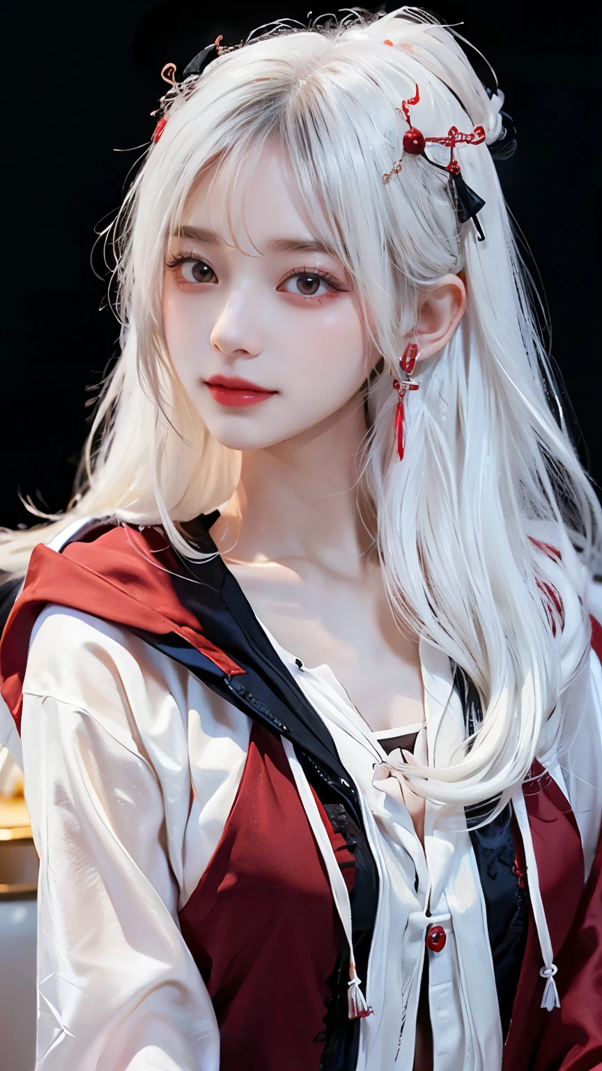 Long white hair - Red eyes - Black hair accessory - Hoodie - Elegant - Mysterious - Minimal exposure - Modest - Unique - Smile - Charm - Presence
