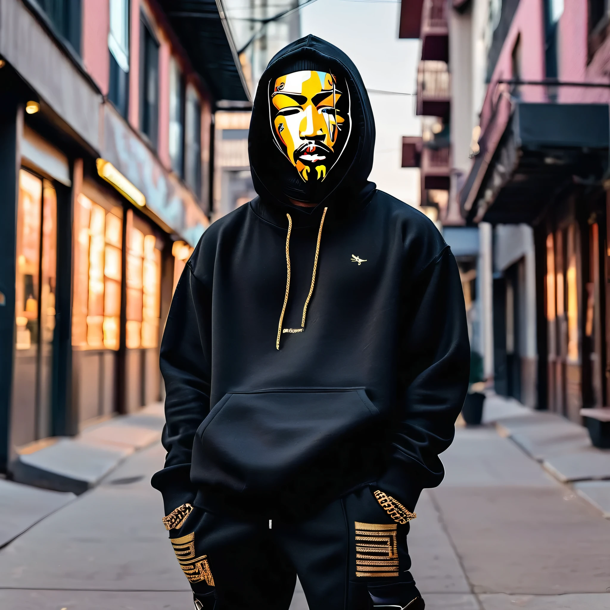 African american rapper, trapstar wearing a balaclava, wearing oversized black hoody with jimi hendrix face in it, ski mask, ultra realism full body, shit on iphone 7 plus, out doors golden hour, he is wearing black cargo swaetpants, urban street culture and fashion, fully masked, wearing yeezy slippers and socks on