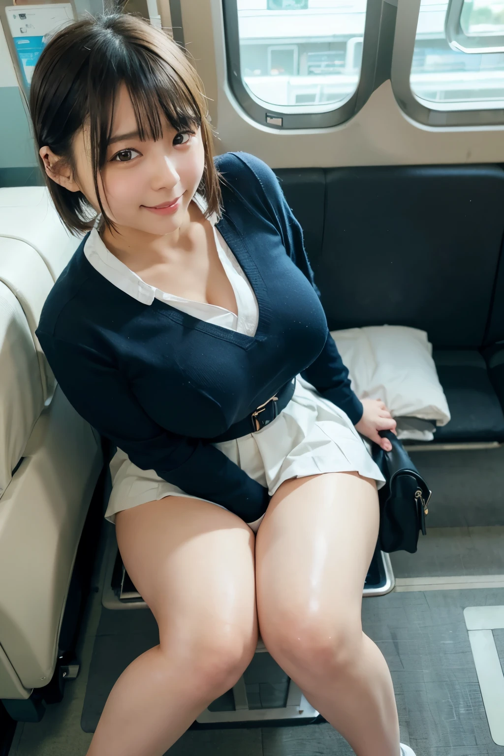 highest quality, masterpiece, Ultra-high resolution, (Reality: 1.4), Original photo, One girl, japanese girl, , mature, White JK Uniform, micro skirt, happy smile, short hair, gigantic bust, curvy body, button gap:1.35, sitting on seat in train, open legs, skirt lift, Cinema Lighting, Landscape sheet, The view from the train window, from above