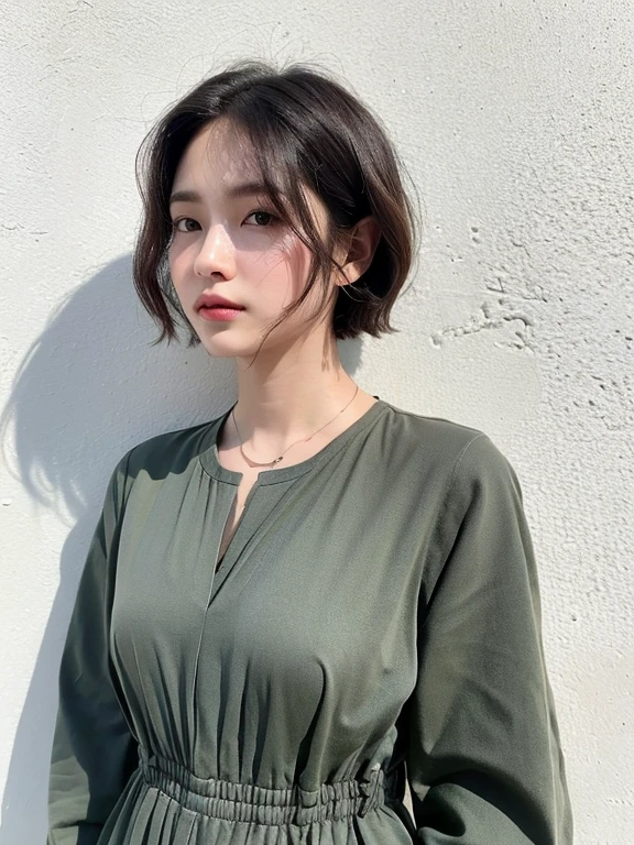 ((highest quality, 8k, masterpiece :1.3)), 1 girl, (Bob Hair、short hair,Photographed in front of a white wall :1.2)、Photographed in natural light、Navy tailored jacket :1.1, Angle from above、super Detailed face, Beautiful Eyes,(Highly realistic photos, High resolution, Detailed face, Beautiful Eyes)、Japanese women, Age 35, A variety of expressions, alone:1, Various Hair Styles, Casual clothing, Only one person in the photo、Long sleeve dress、Photographed in natural light、Simple Necklace、Spring Clothes、Don&#39;t look at the camera、profile、Dark brown hair color