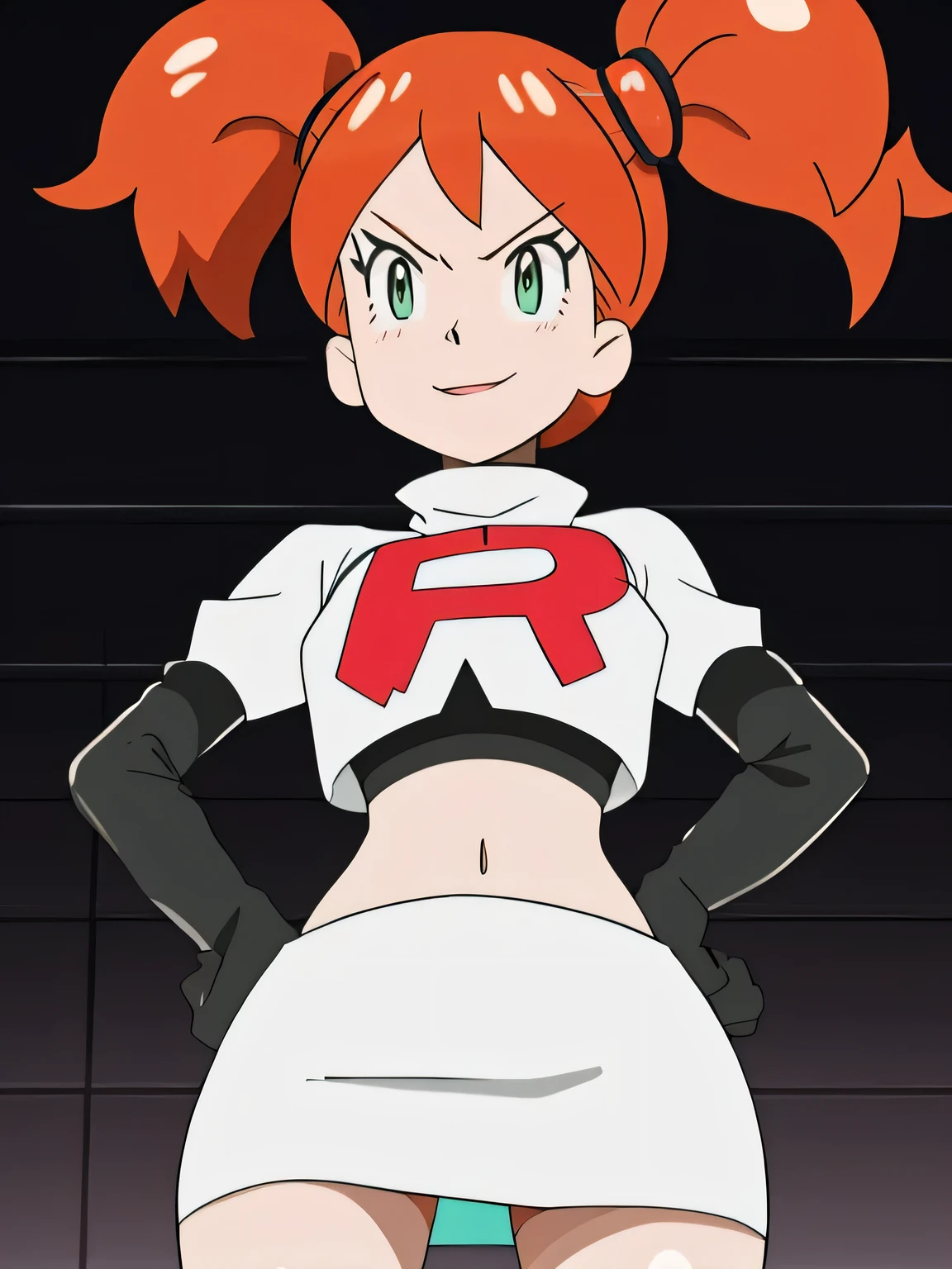 1girl, solo ,sonia, side ponytail,orange hair, heart hair ornaments, aqua eyes ,glossy lips, earings ,team rocket uniform, red letter R, white skirt,white crop top,black thigh-high boots, black elbow gloves, closed mouth, evil smile8k, masterpiece,highres,team rocket uniform, red letter r, white skirt,white crop top,black thigh-high boots, black elbow gloves, glaring angrily, looking down at viewer, hands on hips, cowboy shot, zettai ryouiki,from below, black panties,anime style, vivid colors, sharp focus, intense lighting,