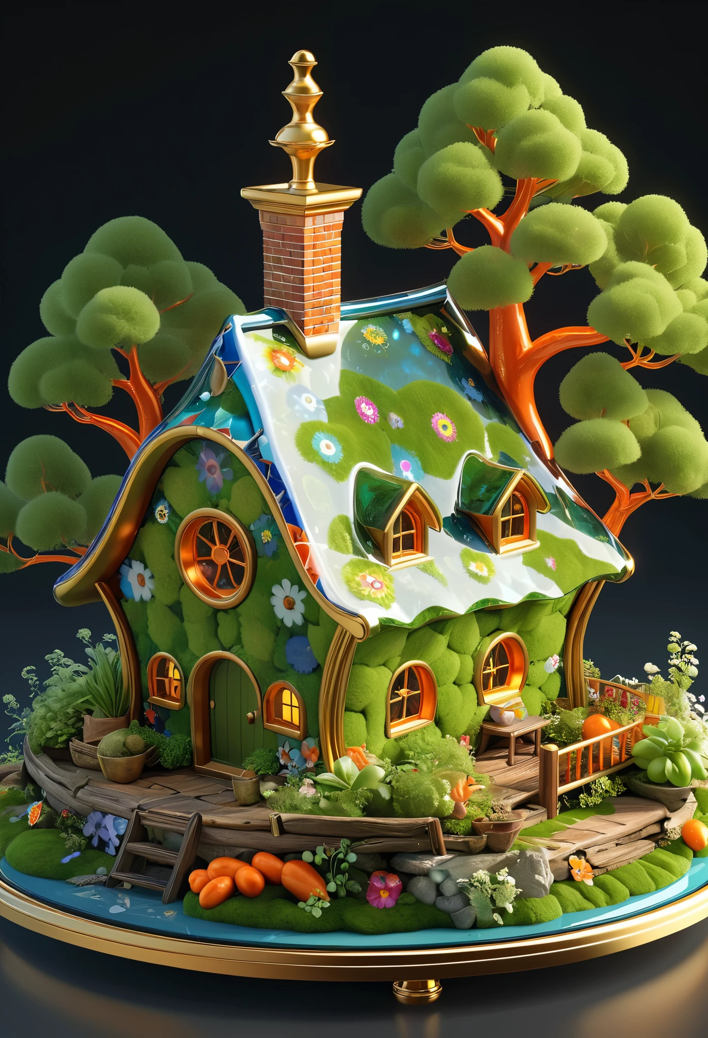 Millefiori glass style,masterpiece, best quality, (Very detailed CG unity 8k wallpaper), (best quality), (Best Illustration), (Best shadows), Round carrot house covered with moss, Isometric 3D , Octane Rendering, Ray Tracing, Very detailed