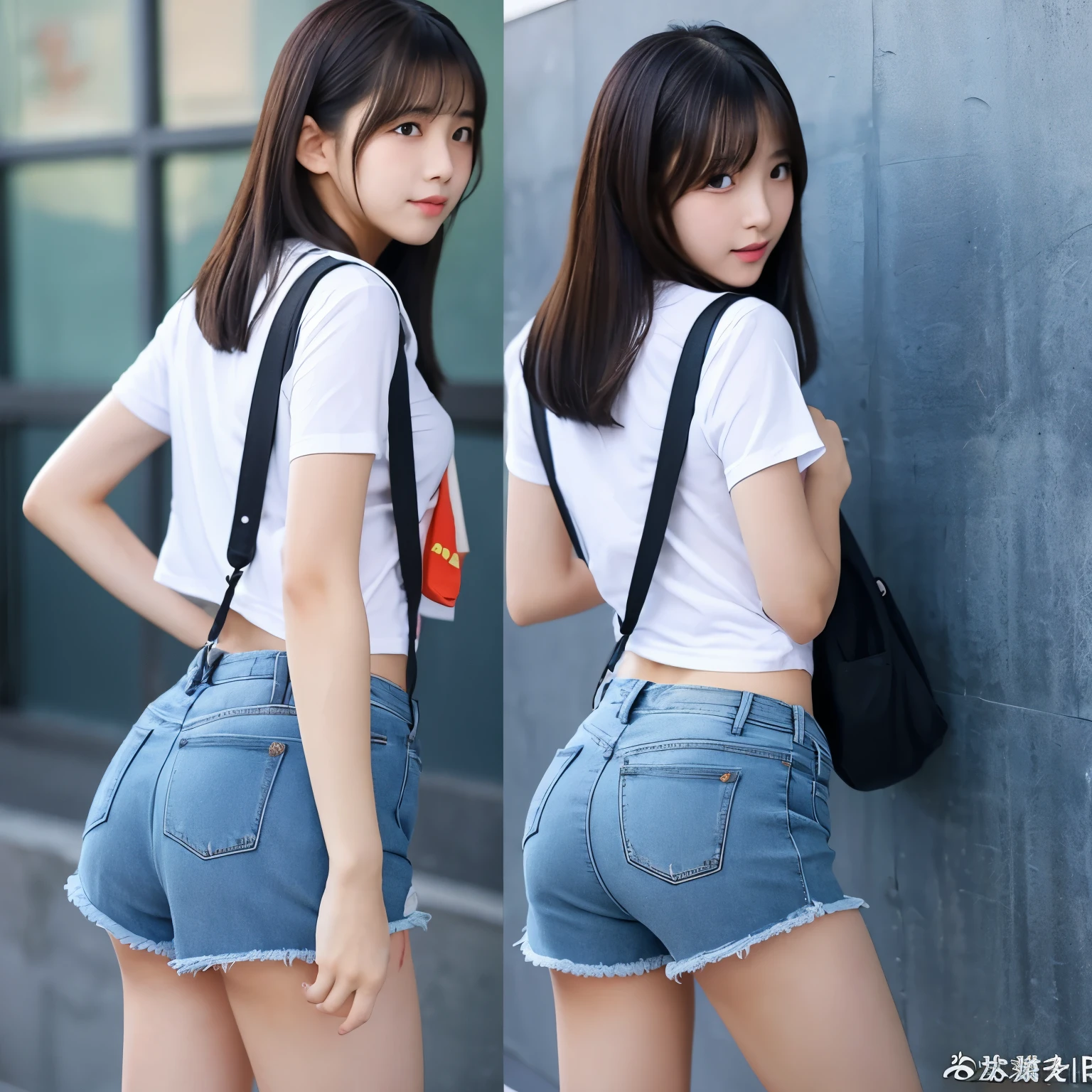 The back view of an erotic elementary school student wearing short denim shorts