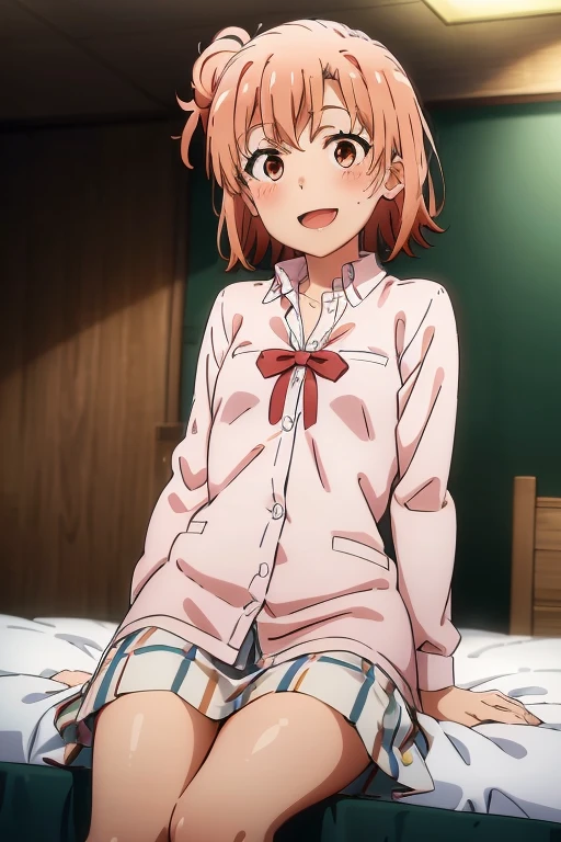 ((highest quality)), ((masterpiece)), (be familiar with), Perfect Face, indoor, Bedroom, Watching the audience,
One woman, Yuigahama Yui,
Open Mouth, Ecstatic expression, blush, smile,
Small breasts, Flat Chest, Young Girl, , , Girl,
Short Hair, Salmon-colored hair, Salmon-colored eyes, Side Pony,
Leg spread,