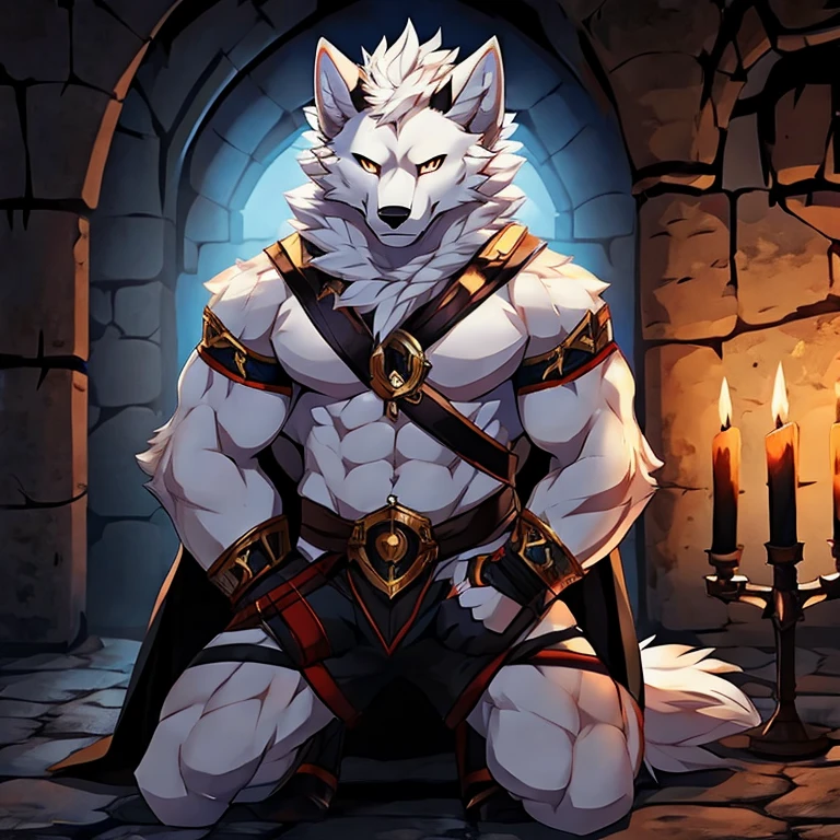 man,White wolf,Dungeon Background,Only wearing,kneel