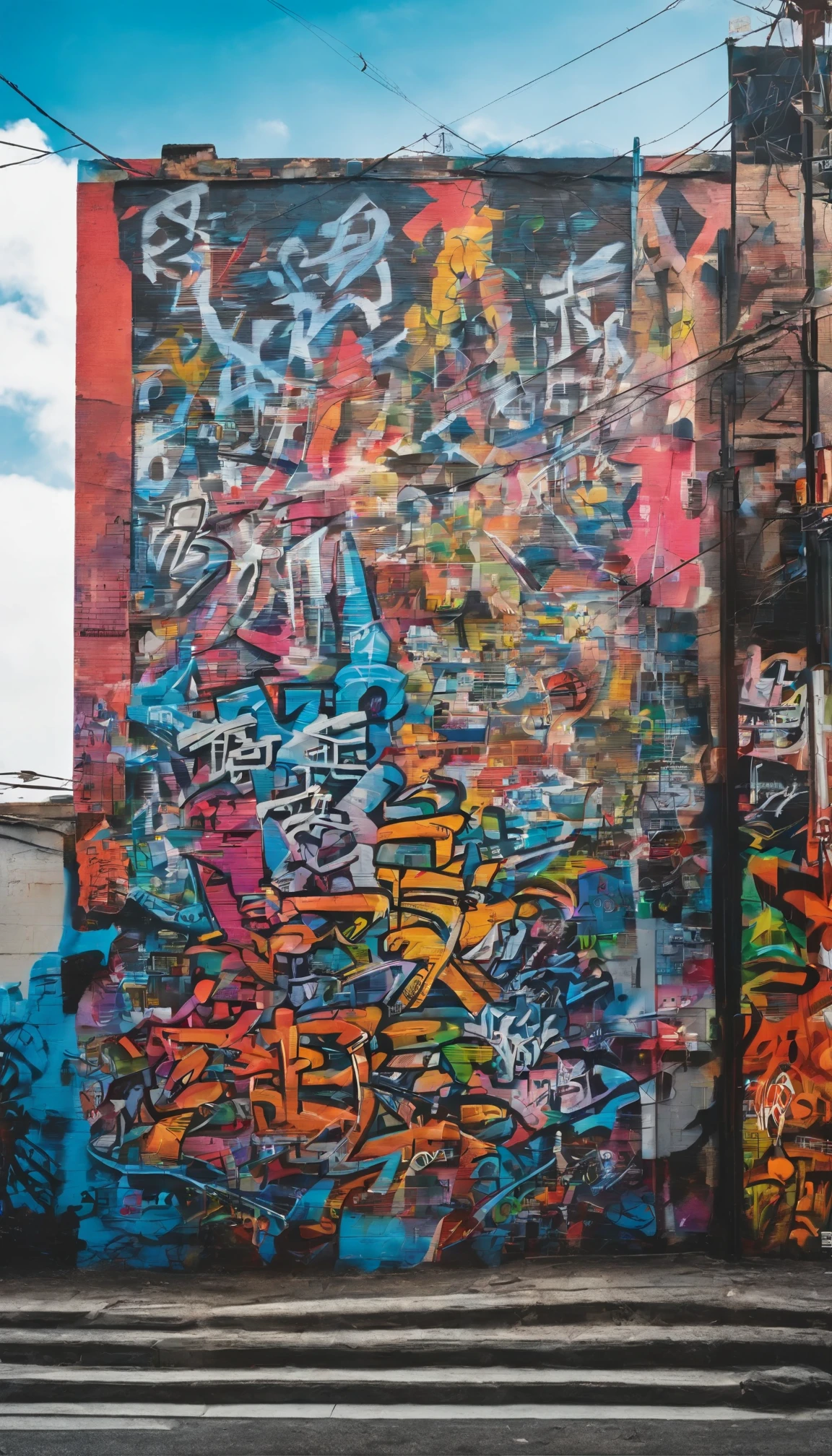 GROUND shot view, URBAN GRAFFITI DRAWING OF the japanese words in vertical on the WALL OF A BUILDING, realistic style、SPRAY PAINT, (graffiti wall)、UTRA DETAILED words, hyper-detailed art、award-winning work, IMPACTFUL VISUAL, outdoor ARTWORK, CINEMATIC LIGHTING, ARTISTIC DETAILS, DYNAMIC SHADOWS ,ATMOSPHERIC EFFECTS, GRAFITI TEXTURES, HIGH-DEFINITION, IMMERSIVE ENVIRONMENT, SUBTLE COLOR GRADING, AUTHENTIC ATMOSPHERE, DETAILED TEXTURES, award winning ARTWORK, MASTERPIECE ARTWORK, trending on artstation, HDR, UHD, 4K, BY EDUARDO KOBRA.