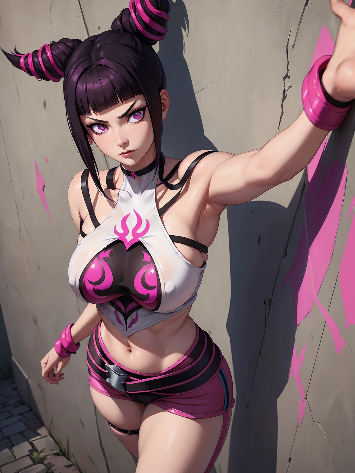 { - anatomy error} (Masterpiece - Ultra-detailed, very high resolution)Juri Han,Masterpiece, Best Quality, 1girl, report, crop-top, jean shorts, Choker, (graffiti:1.aint splatter, (Hands Behind Your Back), Against a wall, looking a viewer, A bracelet, thigh strap, Paint on the body, tilt of head, bored, fiery hair color, Rainbow-colored eyes,juri han,rosto yandere,brava