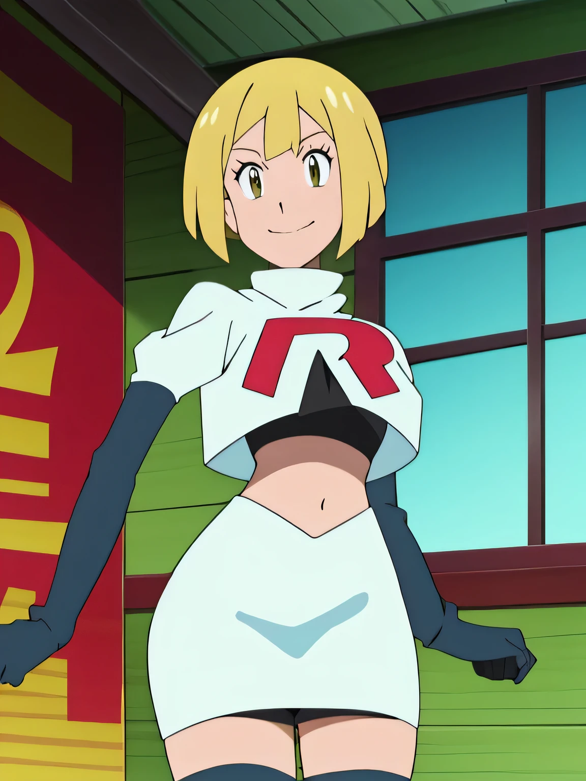 (best quality,4k,8k,highres,masterpiece:1.2),ultra-detailed,realistic,photorealistic:1.37, vibrant colors, studio lighting, bokeh,toga himiko,team rocket, team rocket uniform, red letter R, seductive smile, white skirt, white crop top, black thigh-high boots, black elbow gloves,zettai ryouiki,cowboy shot
