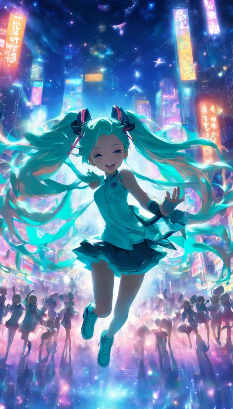 Hatsune Miku、Twilight、sing、highest quality、Best image quality、city、dancing、full moon、Adult body、smile、The masses