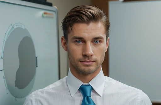 handsome 35 year old desirable caucasian man with distinguished features, (in an office), ((standing off center, next to a white board)), looking straight ahead, (blue dress shirt and tie), athletic build, tall height, light brown medium length hair, clean cut haircut, (shaved face), (intriguing green eyes), seductive smile with a gentle expression, detailed depiction of facial features, perfectly symmetrical face, crisp details, ultra-fine rendering, studio lighting which masterfully accentuates his excellent features,