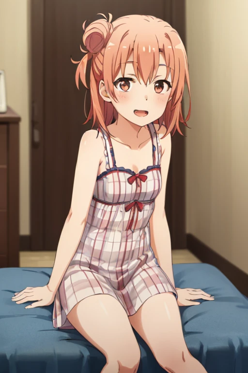 ((highest quality)), ((masterpiece)), (be familiar with), Perfect Face, indoor, Bedroom, Watching the audience,
One woman, Yuigahama Yui,
Open Mouth, Ecstatic expression, blush, smile,
Small breasts, Flat Chest, Young Girl, , , Girl,
Short Hair, Salmon-colored hair, Salmon-colored eyes, Side Pony,
Leg spread,