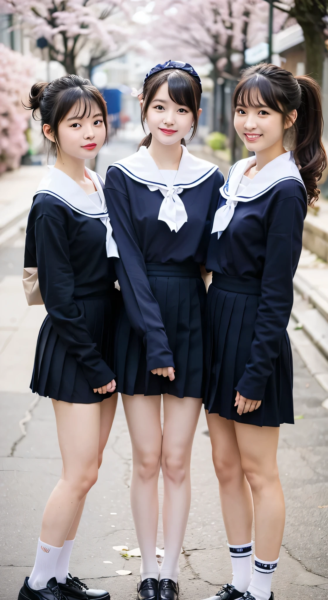 Three Girls on Sakura Street,Navy long sleeve sailor shirt with bow tie,Navy blue pleated skirt,18-year-old,bangs,A small smile,Thighs,knees,Ponytail with barrette,From below,Front light、Knee-high socks
