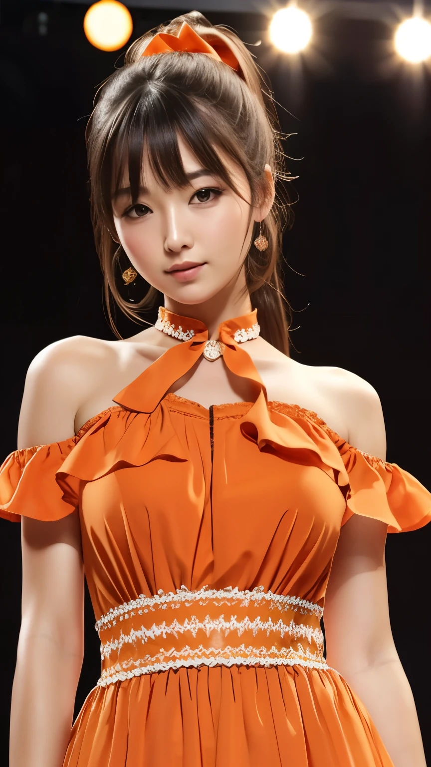 Spotlight on stage,close-up of face,One woman,fully body photo,masutepiece, The highest image quality, High quality, the background is clear，Beautiful woman, Japanese, Detailed, Detailed eyes, Detailed skin, Beautiful skin, 超hight resolution, (reality: 1.4),Very beautiful woman, Slightly younger face, Beautiful skin, slender, (Ultra photo realsisim), (hight resolution), (8K), (Very detailed) (beautifully detailed eyes), (super detailed),   (Detailed face), view the viewer, Fine details, Detailed face, Staring straight ahead, Staring straight ahead, photos realistic, Bright lighting, Professional Lighting, Black hair,poneyTail,a baby face,sixteen years old,Hairstyle: ponytail,Long ponytail hairstyle,slight smile,Orange colored long dress with lots of ruffles, softly shaped skirt,