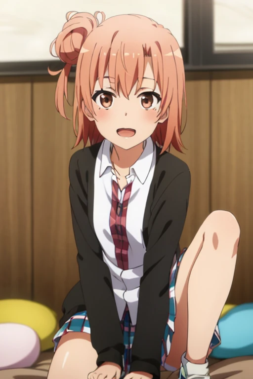 ((highest quality)), ((masterpiece)), (be familiar with), Perfect Face, indoor, Bedroom, Watching the audience,
One woman, Yuigahama Yui,
Open Mouth, Ecstatic expression, blush, smile,
Small breasts, Flat Chest, Young Girl, , , Girl,
Short Hair, Salmon-colored hair, Salmon-colored eyes, Side Pony,
Leg spread,