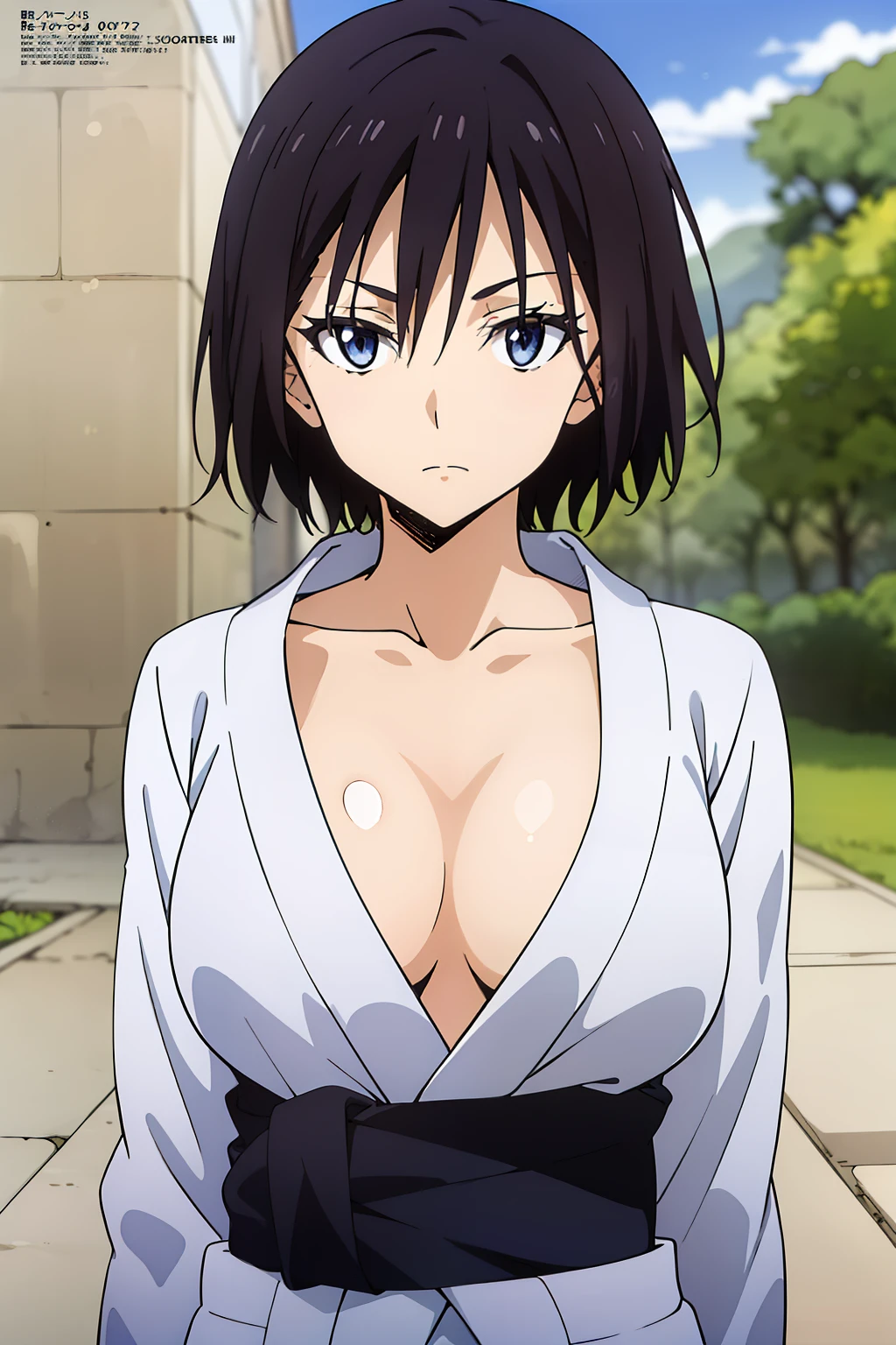 (anime cels style, Masterpiece, best quality, high resolution, anime colored, megami magazine:1.2, anime poster style, anime keyvisual, sharp, 8k, photorealistic), (beautiful eyes:1.5), sakaguchihinata\(ttigraas\), 1girl, cute, black hair, very short hair, large breast, cleavage, (yukata:1.5, undressing:1.5), (upper body, sitting), (perfect detailed anatomy, perfect arms, perfect fingers, beautiful face, perfect body, shiny skin), 