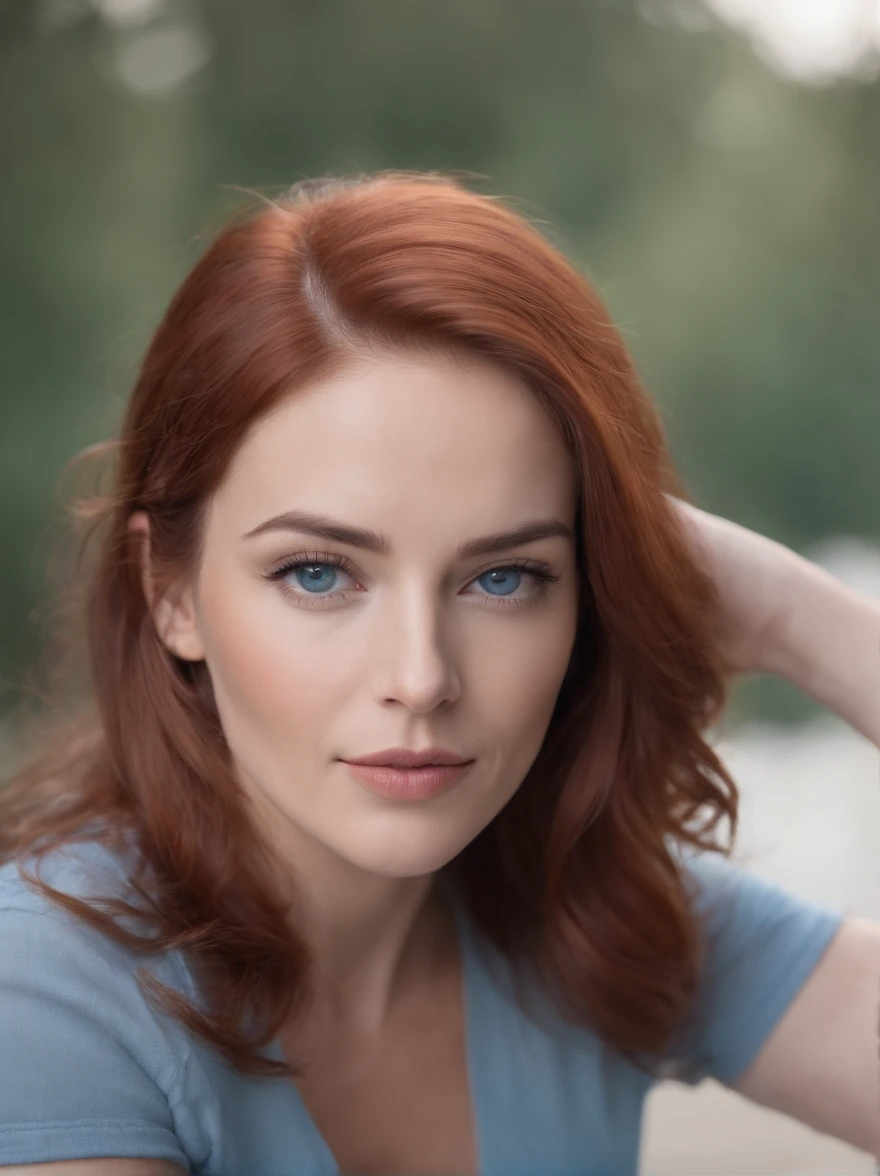 Foto hiper-realista e detalhada de corpo inteiro de uma deusa milf de 45 anos, red hair and blue eyes lounging in tight military shorts. selva. clear light. olhos perfeitos, (maquiagem dos olhos:1.1), (pele altamente detalhada:1.1), CRU, analog style, sharp focus, 8k hd, dslr, alta qualidade, Fujifilm XT3, grain, premiado, obra de arte.