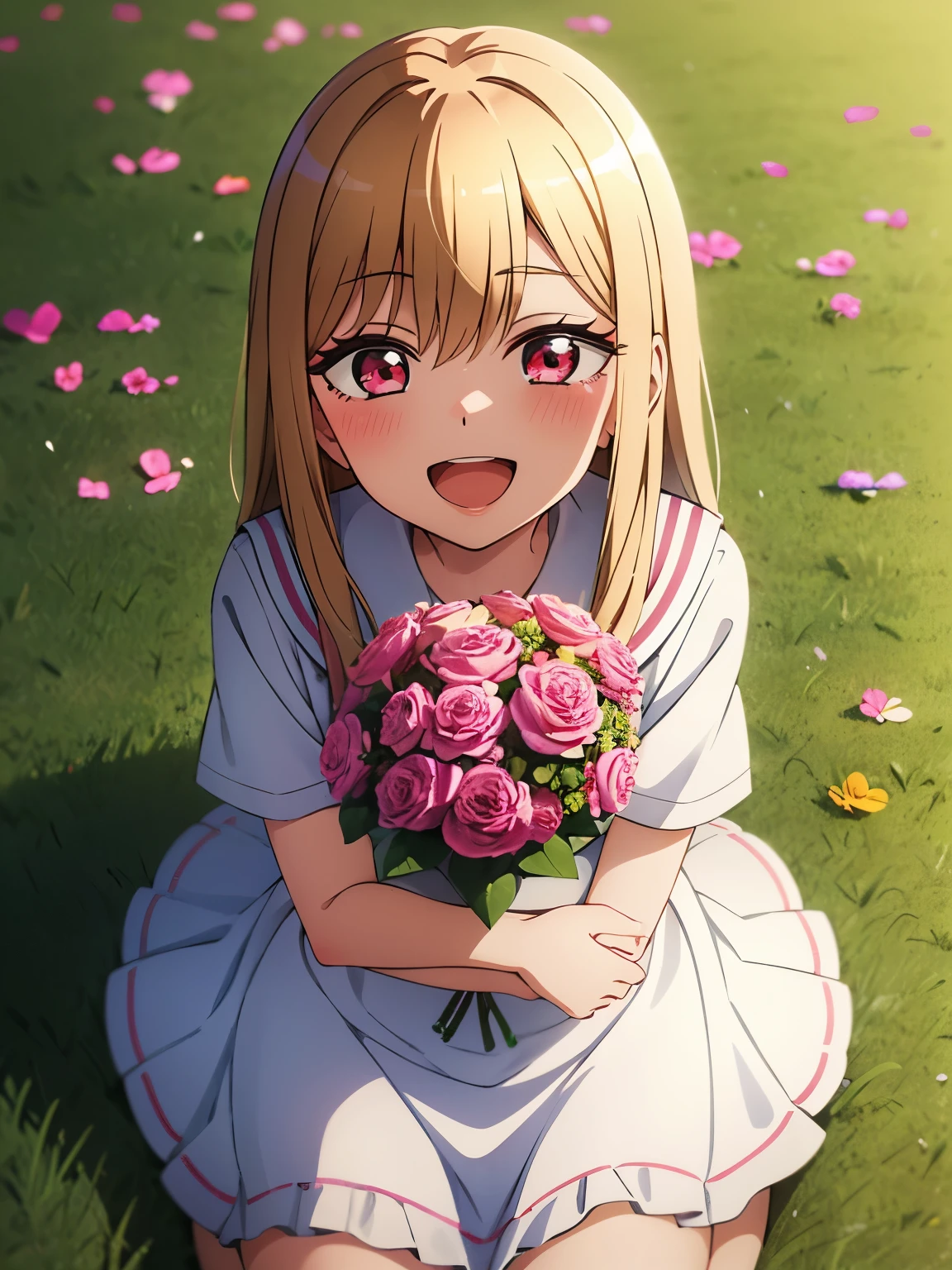 1girl, solo, flower, blonde hair, smile, open mouth, hair ornament, looking at viewer, holding, dress, hair flower, sitting, white dress, blush, floral print, :d, wariza, blue flower, long hair, holding flower, bangs, colorful, multicolored eyes, red flower, short sleeves, yellow flower, pink flower, from above, frills, holding bouquet, flower field, purple flower, frilled dress, bouquet, red eyes, white flower, hair between eyes, kitagawa marin, seifuku, serafuku, sailoruniform, cute face,