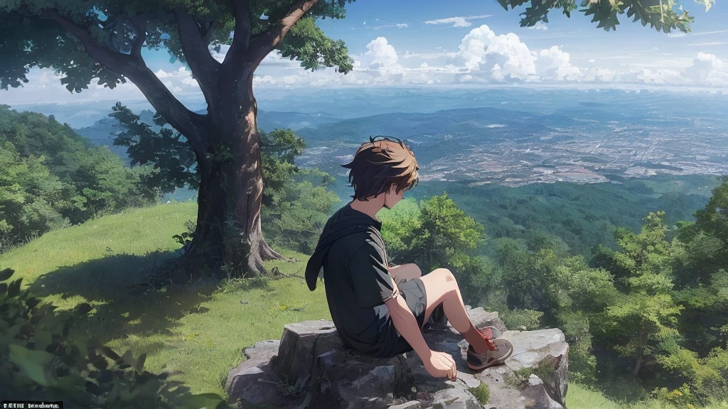 A age boy was sitting under a very dense tree at the top of a mountain with the sky filled with thick clouds around him