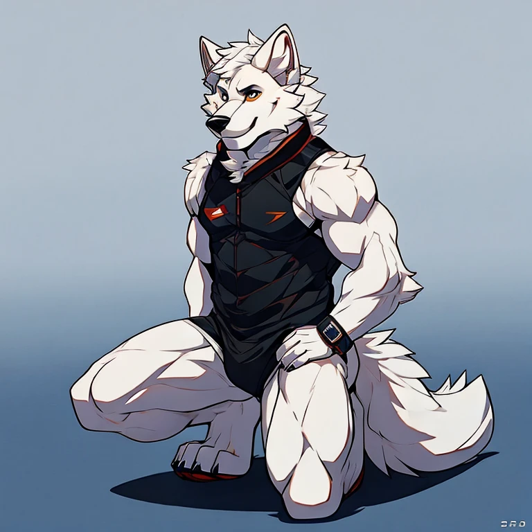 man，White wolf，Modern Background，Tight Fit，kneel，Double Ding