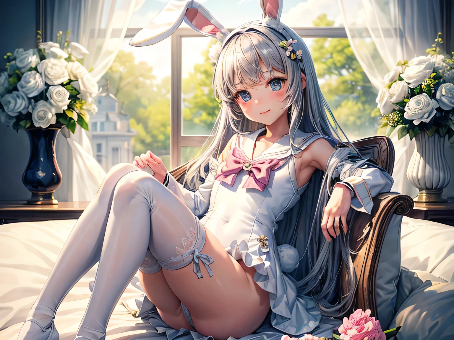 absurd,(masterpiece、highest quality、8K ),intricate details,super detailed,soft focus、((Cute 10 year old beautiful girl:1.4)),(slight smile:1.2)、silver hair、bangs、long hairstyle、(Bunny ears、Sailor Bunny Girl in White Coat、white knee highs:1.3),Bet,cute pose、small rabbit、small pussy、Large white lace pillow、pink curtain、Bay window、flowers in a vase、surreal,perfect anatomy