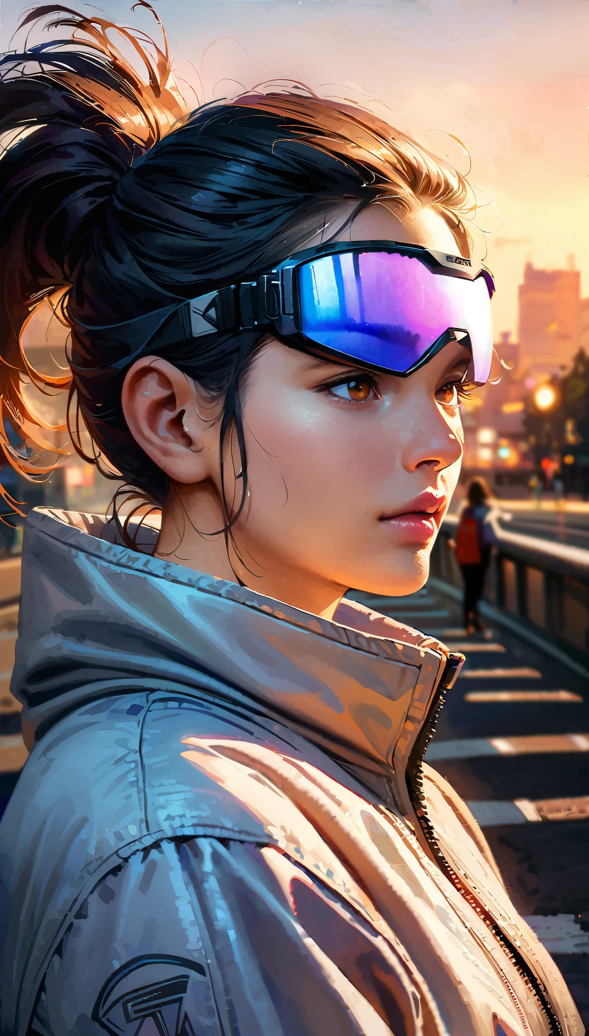 (best quality,4k,highres,masterpiece:1.2),ultra-detailed,(realistic,photorealistic,photo-realistic:1.37),HDR,UHD, Masterpiece, Best picture quality, Extreme vividness, Anime girl with curly ponytail,  figure, white functional coat, small, blue-purple gradient ski goggles, cyberpunk, gray hair, natural casual style, dynamic stance, golden section, portrait with large aperture, cool tones, strong visual impact, white space, light and shadow contrast, super texture, sunset afterglow, super clear picture, simple picture