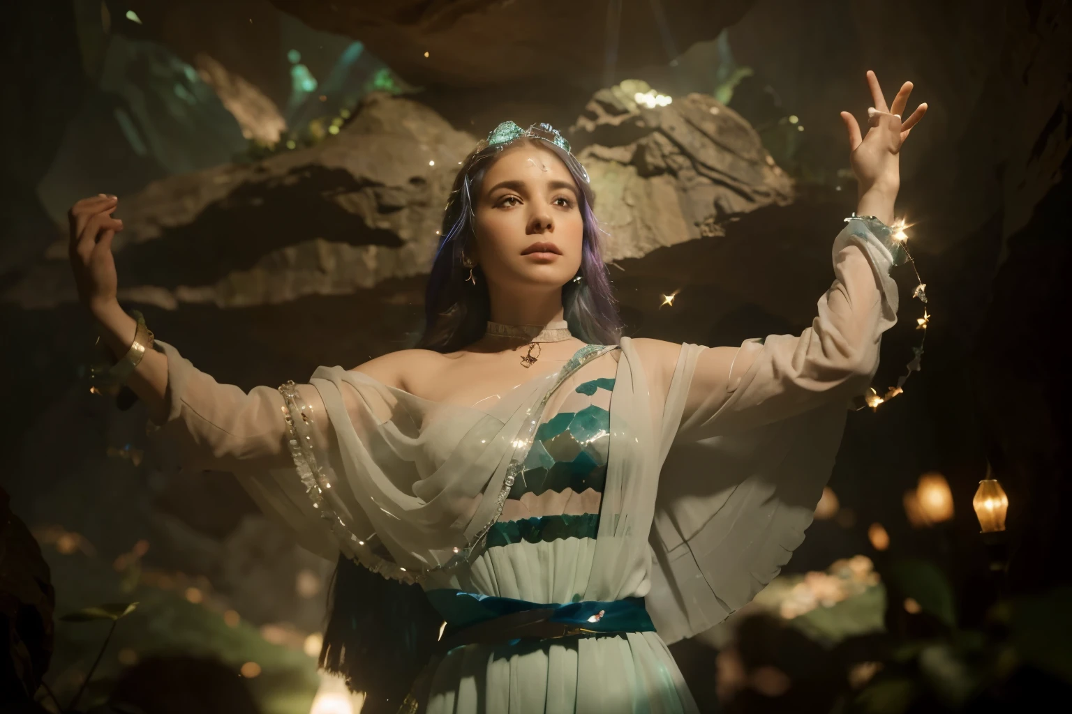 (Best quality, 8k, 32k, Masterpiece, UHD:1.2) Transform the setting of the image into "The Crystal Caverns of Luminescence" from Frieren: Beyond Journey's End. Illuminate the scene with glowing crystals that cast an ethereal light across the cavern walls. Capture the sense of wonder and mystery as the characters explore the depths of the cavern, surrounded by shimmering hues of blue and green. Let the crystals refract light in mesmerizing patterns, creating a sense of enchantment and magic in the underground realm. ((crystals))