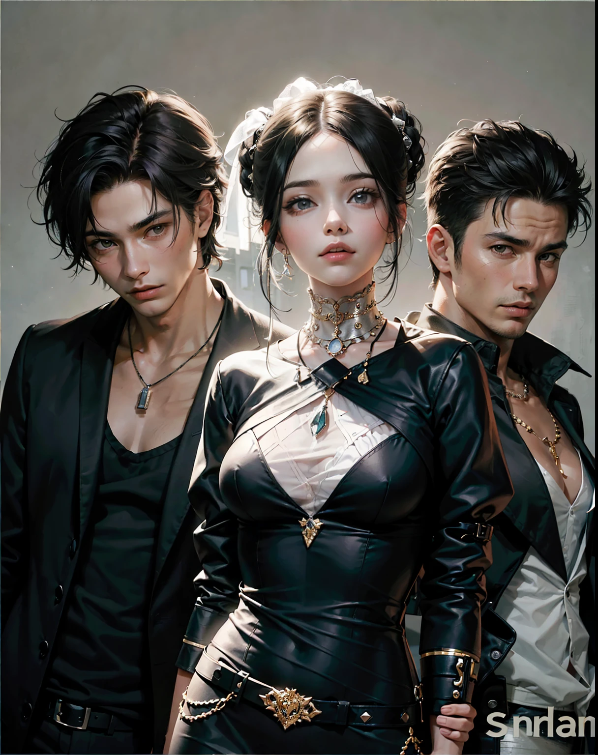 The image shows three young people posing together, two men and a woman, for a photo. Two of them wear black clothes, while the third person is dressed in white. Everyone seems to be well dressed and elegant. One of the individuals is wearing a necklace, which adds to his overall appearance. The group appears to be having fun as they stand together for the photo.