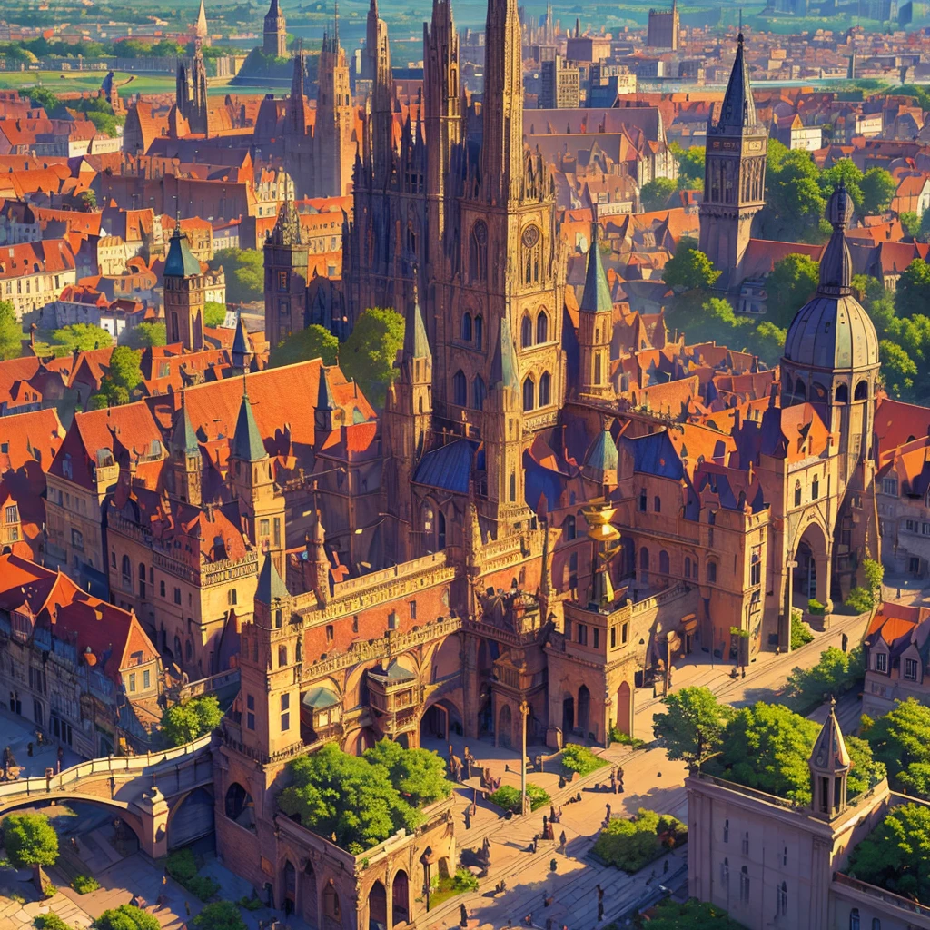 (best quality,4k,8k,highres,masterpiece:1.2),ultra-detailed,(realistic,photorealistic,photo-realistic:1.37),isometric,entire medieval city,from above,detailed architecture,dense buildings,curved stone pathways,elaborate castle,impressive skyline,towers and spires,farmlands surrounding the city,lush green fields,tall city walls,grand entrance gates,cobblestone streets,bustling marketplaces,vibrant colors,medieval atmosphere,soft sunlight streaming through the clouds,peaceful atmosphere,serene river flowing through the city,stone bridges connecting different parts of the city,beautifully designed gardens and parks,horse-drawn carriages passing by,happy townspeople and merchants,medieval clothing,stone statues and fountains,gargoyles adorning the buildings,flags and banners fluttering in the wind,medieval flags and coats of arms,historical charm,rich history and culture,impressive scale and detail,romantic and enchanting ambiance